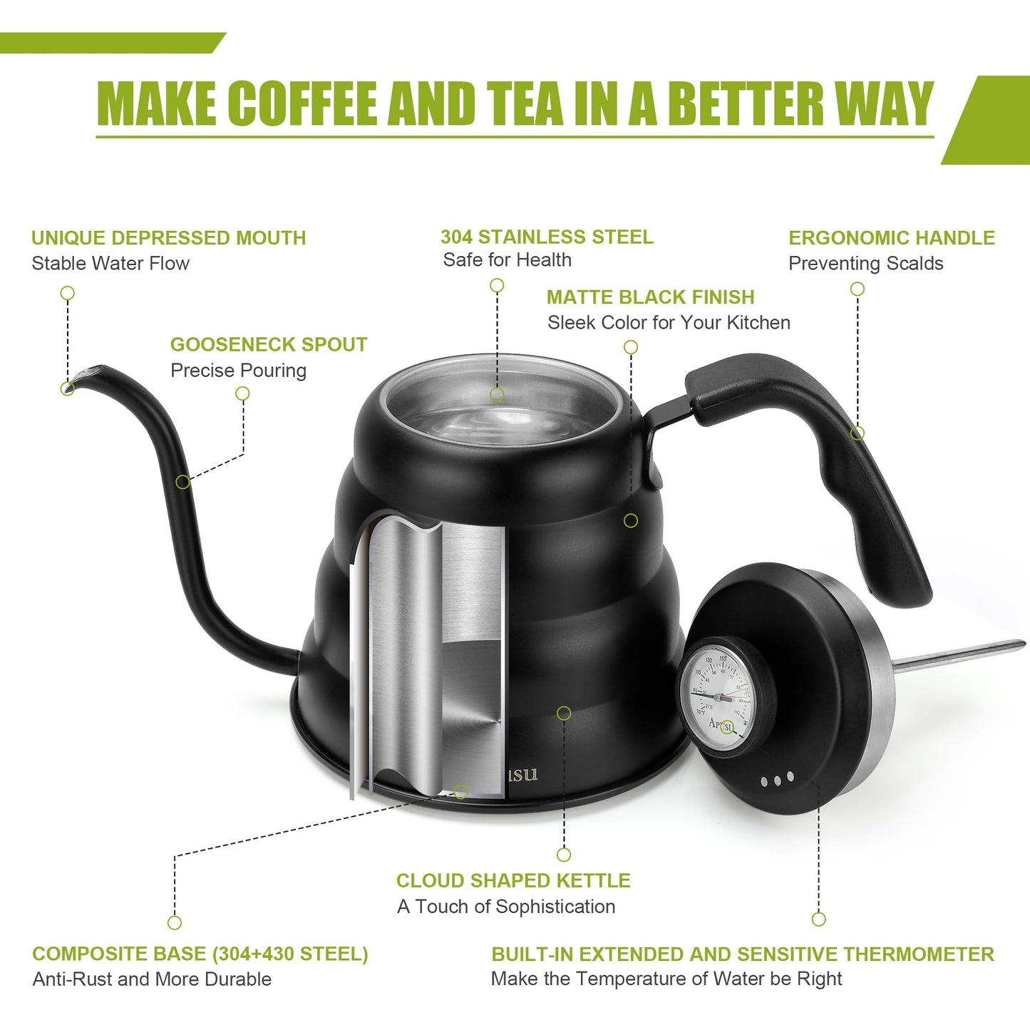 Pour Over Coffee Kettle - Matte Black Gooseneck Kettle with Thermometer - Premium Stainless Steel Coffee Maker Tea Pot, Update Triple Layered Base for All Stovetops, 40 floz/1200ml