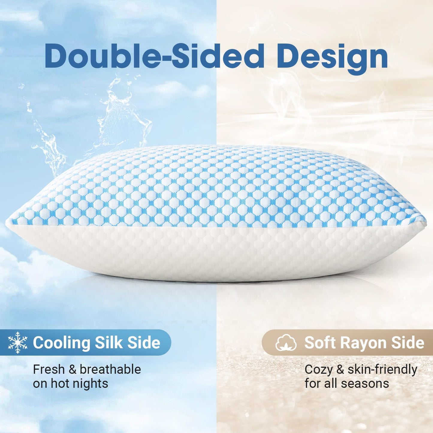 EASELAND Firm Pillow Shredded Memory Foam(Adjustable Loft), Breathable Cooling Bed Pillows Supportive for Side Back Stomach Sleepers Queen Size 2 Pack Blue and White