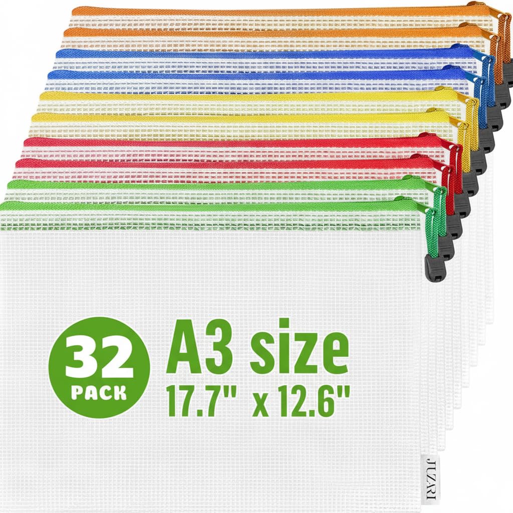 32 Pack Mesh Zipper Pouch Bags A3-17.7x12.6 - Plastic Zipper Pouches for Organizing - Board Game Bags - Puzzle Organizer Bag - Large Zippered Pouch Bag - Mesh Pouches with Zippered - Puzzle Storage