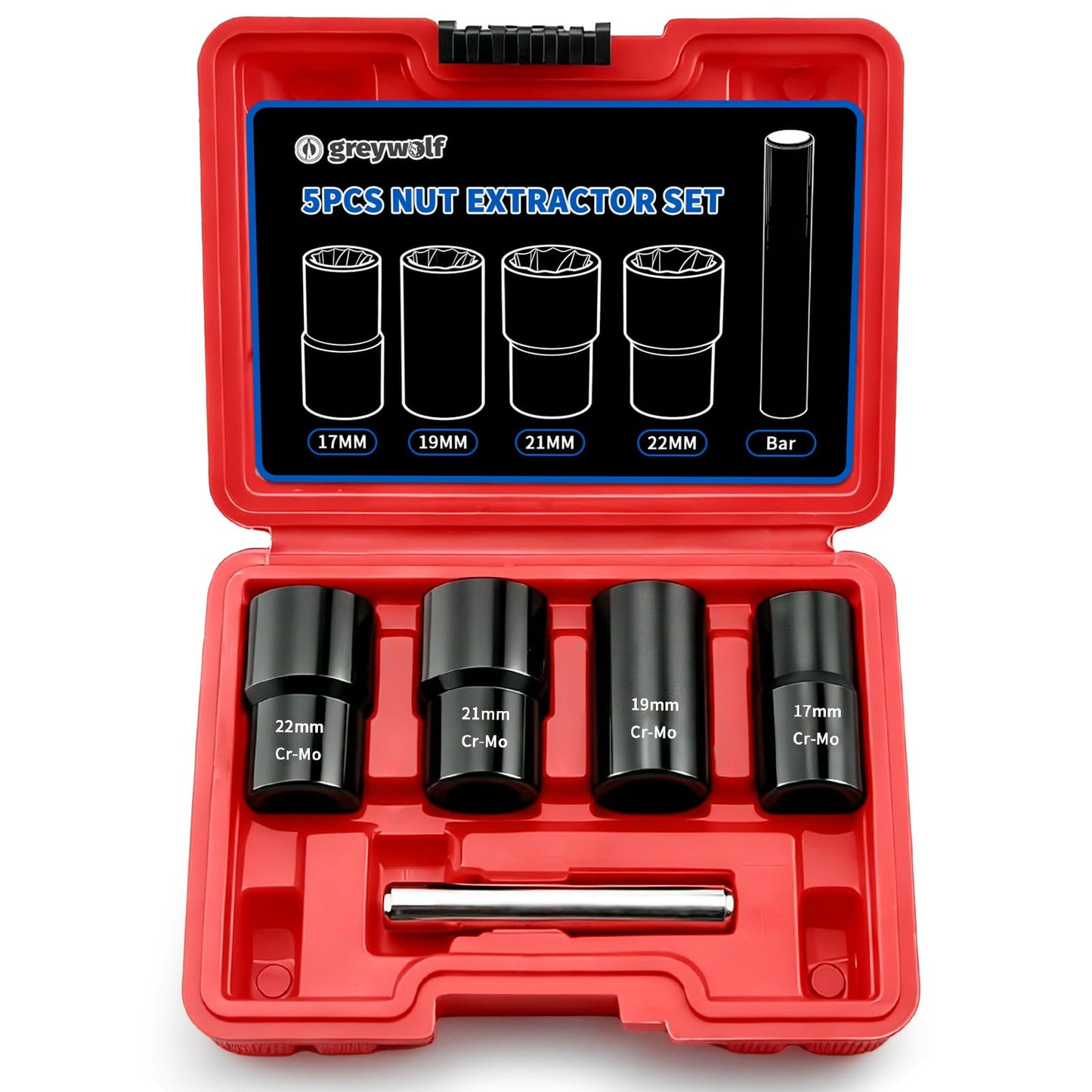 Greywolf 5 pcs Wheel Nut Removal Tool Set, 1/2 Inch Impact Torque Socket Set and Bolt Extractor Set, Wheel Lock Removal Kit, Torque Socket Set for Damaged, Frozen, Rusted Round Bolts, Metric 17-22mm