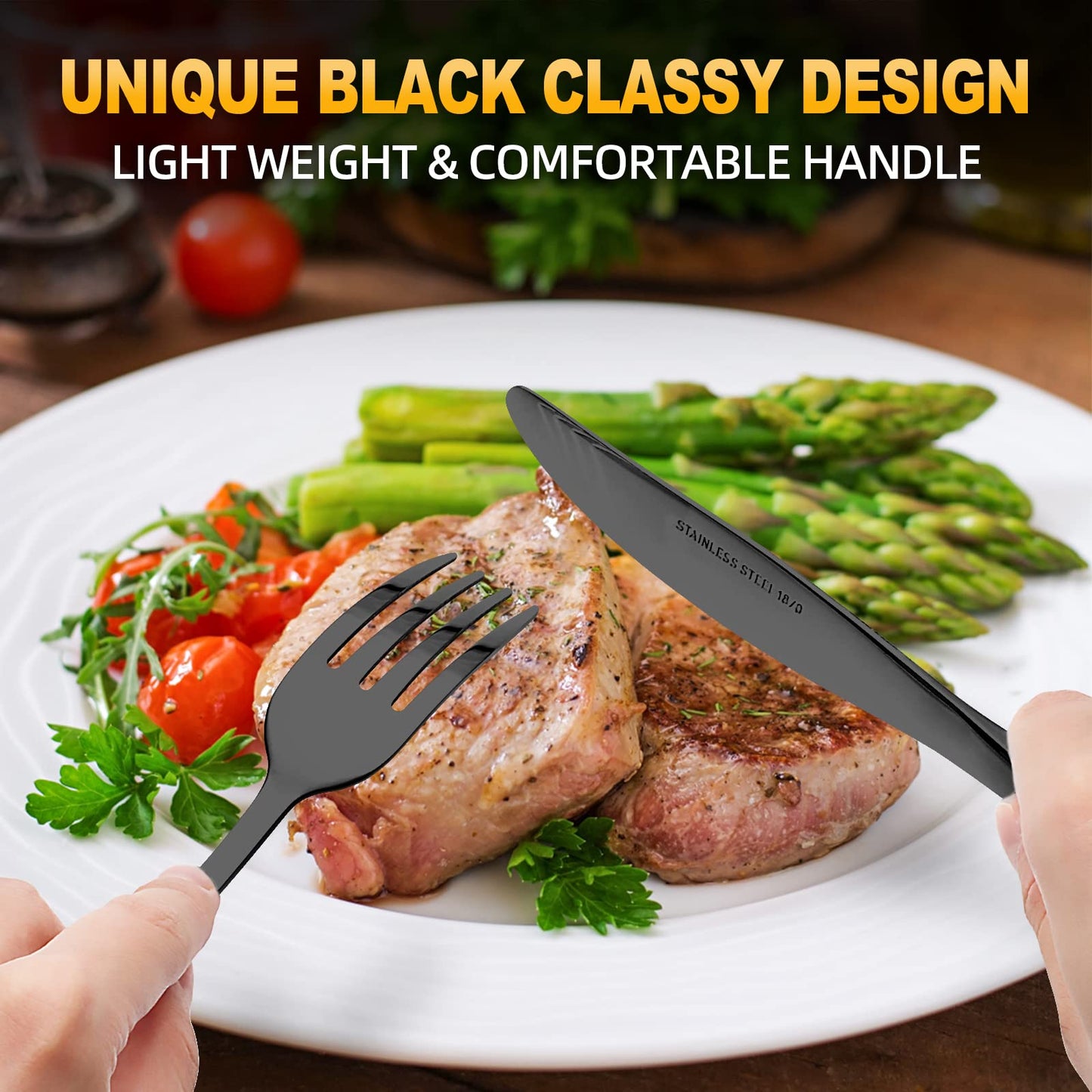 24-Piece Stainless Steel Black Silverware Set - CEKEE Flatware Kitchen Utensils Cutlery Set for Home & Restaurant, Premium Knife Fork Spoon with Steak Knives, Heavy Duty & Dishwasher Safe