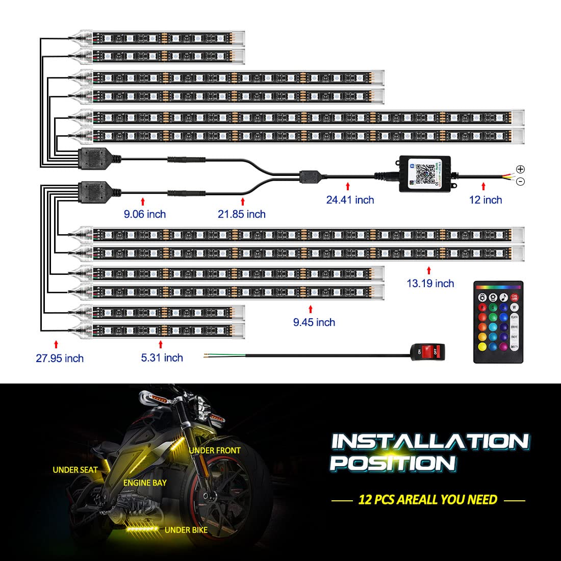 MAODANER 12pcs Motorcycle underglow LED Light Kit, RGB Motorcycle LED Interior Strip Lights with Music Mode, Brake Light Function Waterproof Motorcycle Accessories - Wireless APP Control, DC 12V