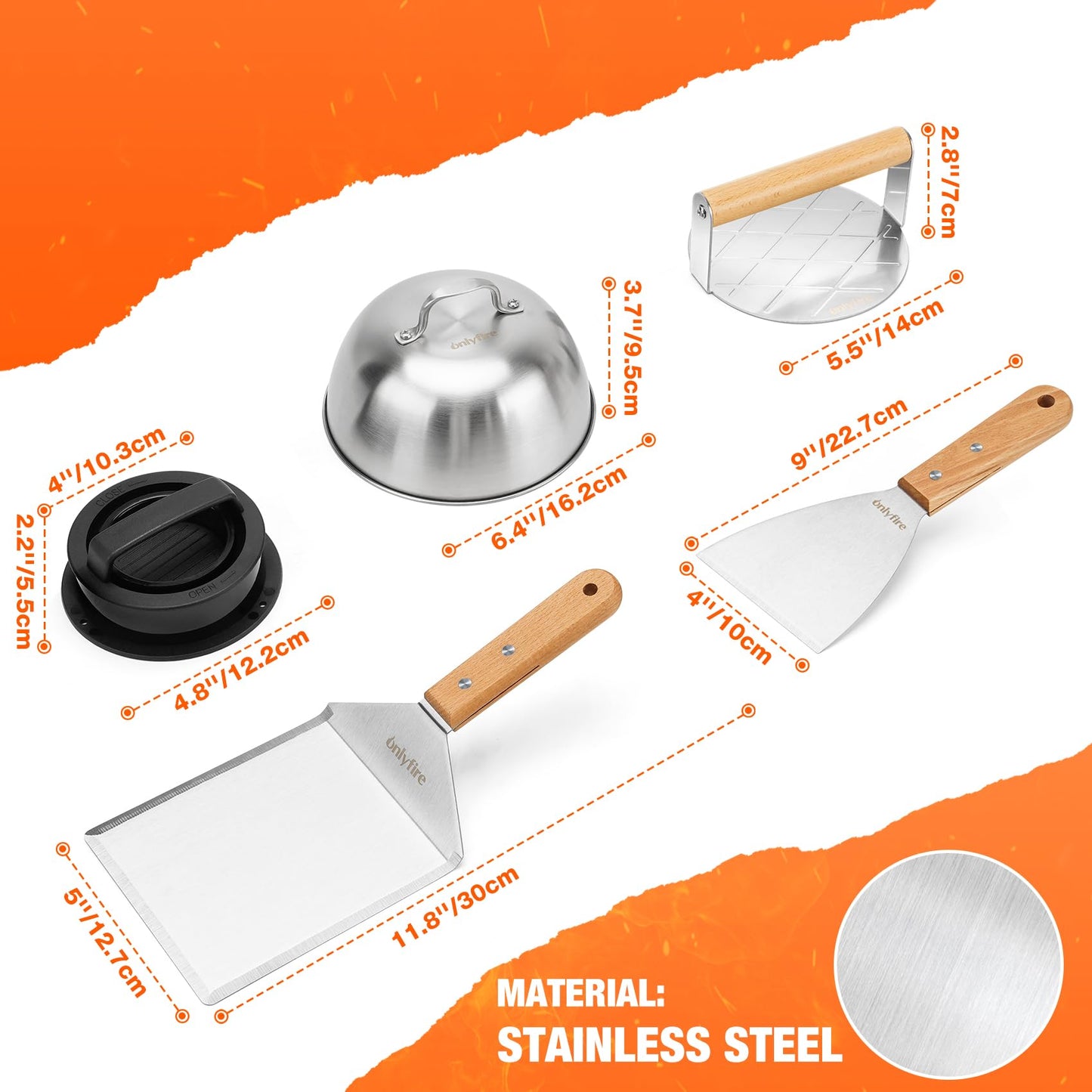 onlyfire 6PC Burger Set, Cheese Melting Dome & Burger Press Kit, Basting Cover with Burger Smasher & Grill Spatula & Hamburger Press Patty Maker for Outdoor Griddle BBQ