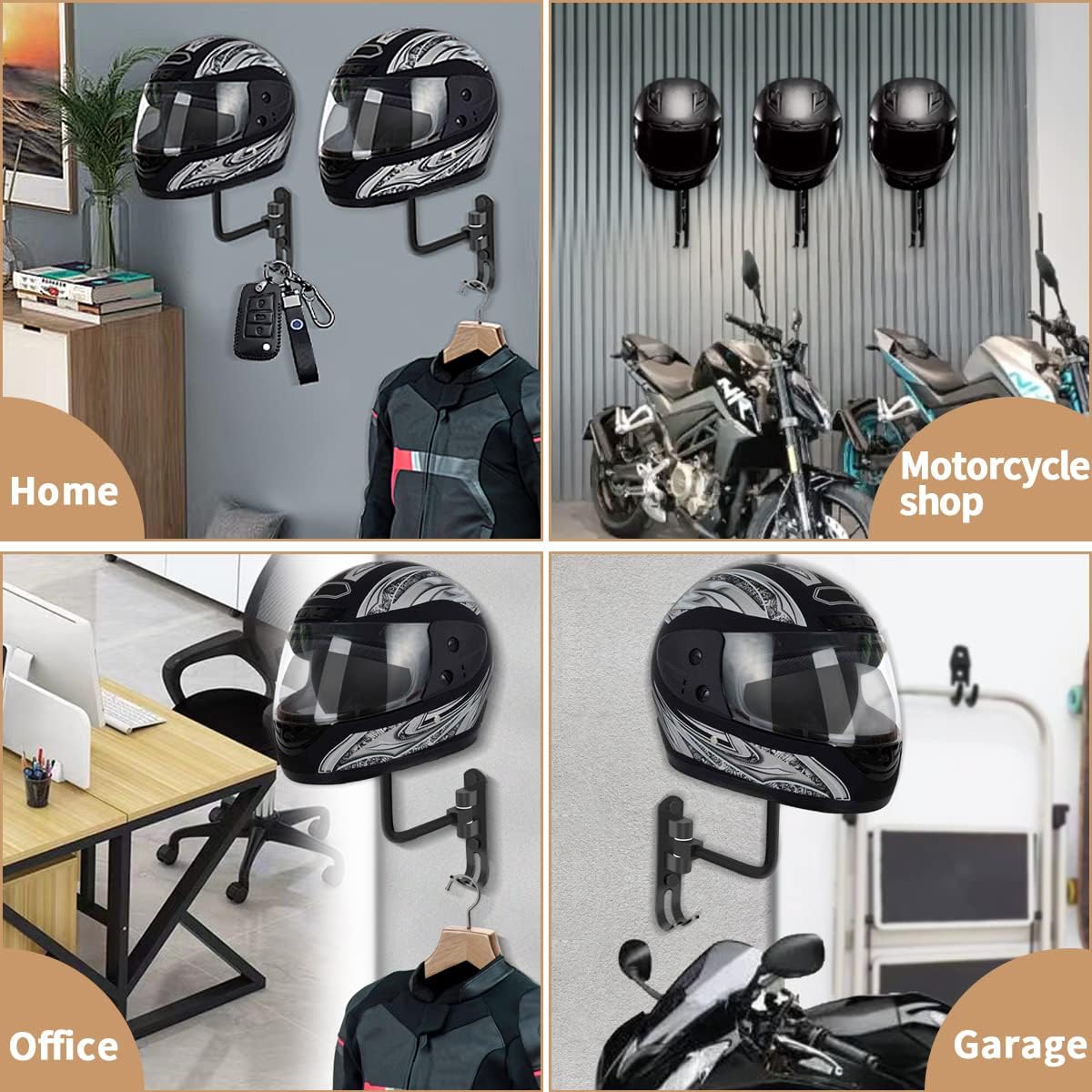 VUAOHIY Helmet Holder 4 Pack, Motorcycle Helmet Rack Helmet Stand Wall Mount 180° Rotation Helmet Hanger with 2 Hook for Caps, Coat, Hats, Motorcycle Accessories
