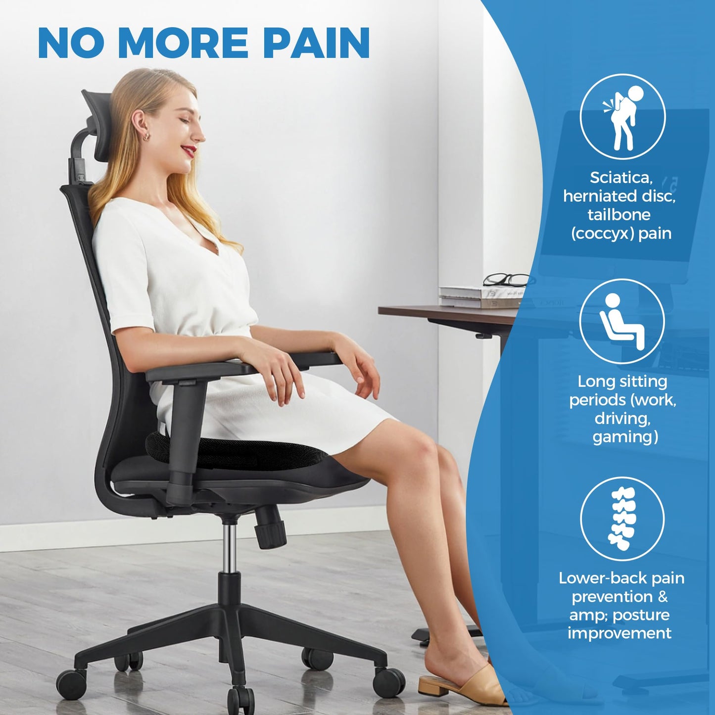 Extra Large Memory Foam Seat Cushions for Office Chairs, Car, Airplane, Wheelchair– Relieves Lumbar, Orthopedic, Sciatic, Coccyx and Back Pain – Comfortable Non-Slip – Bonus Carry Bag Included (Black)