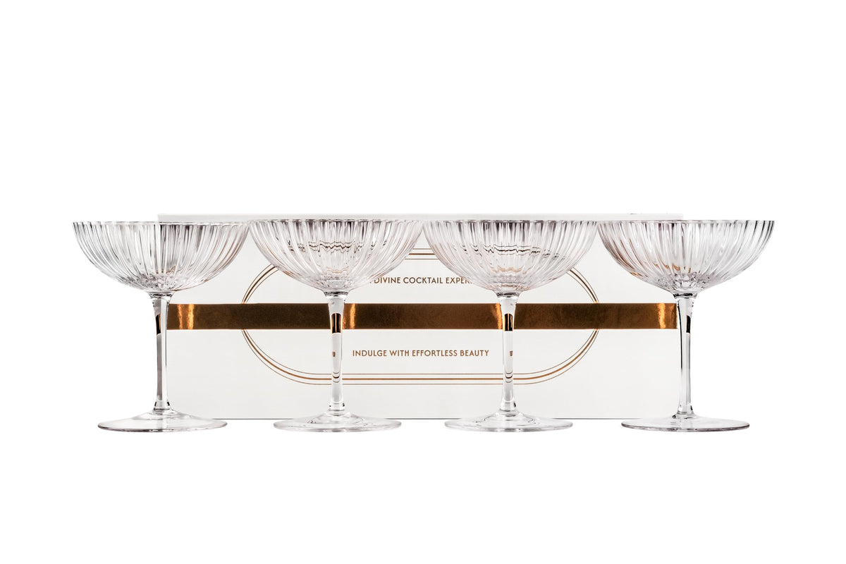 Venus Seashell Coupe Cocktail Glasses | Set of 4 | 8 oz Crystal Ribbed Champagne Saucers for Drinking P-Star and Espresso Martini, Margarita, Daiquiri, Cosmopolitan, Gimlet | Elegant Gift Glassware