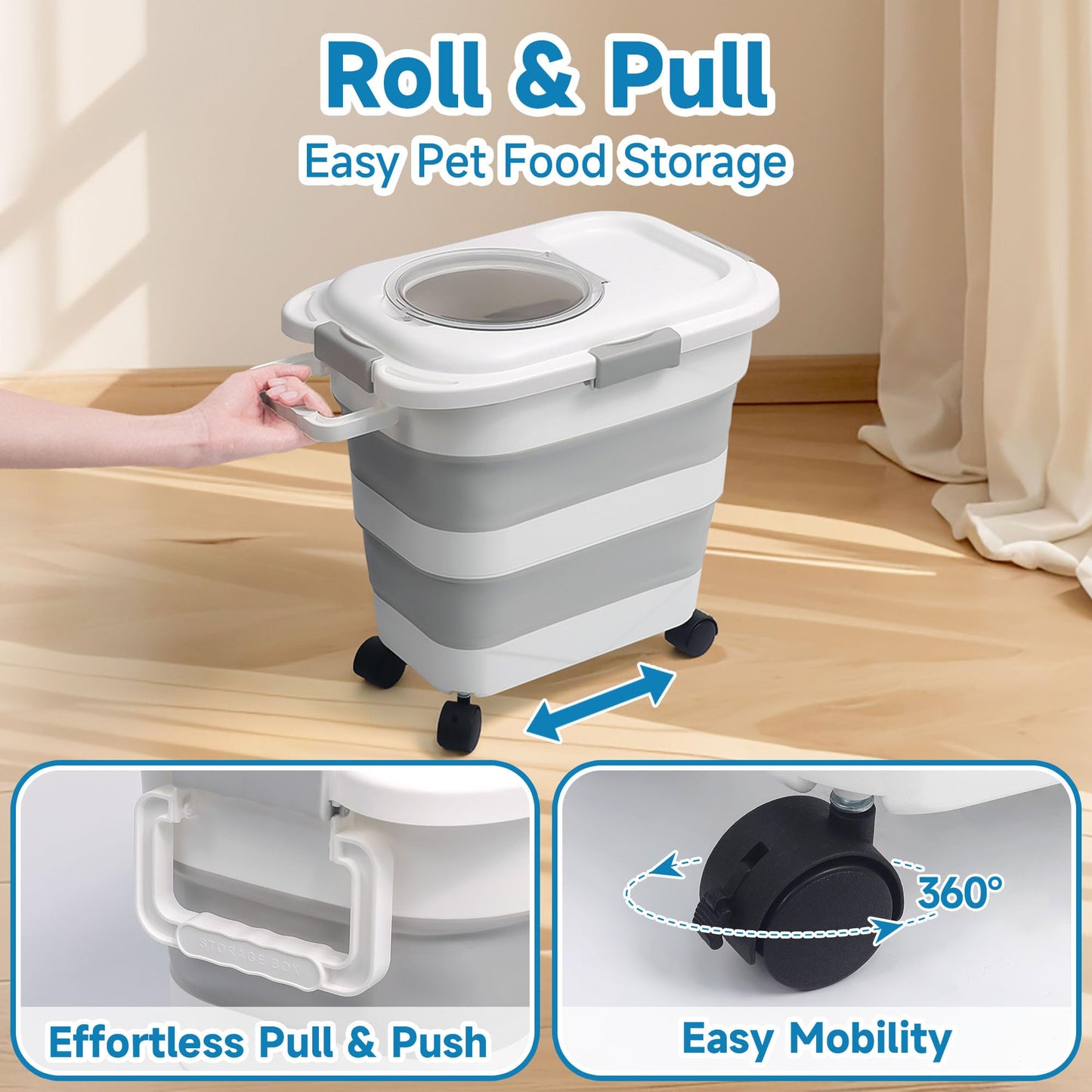 Adorabby Dog Food Storage Container, 25-30Lbs Travel Collapsible Pet Food Container with Airtight Lids, Wheels, Scoop, Handle for Dog/Cat/Bird/Rice Food,Keep Dry Food Fresh,Easy to Move, White