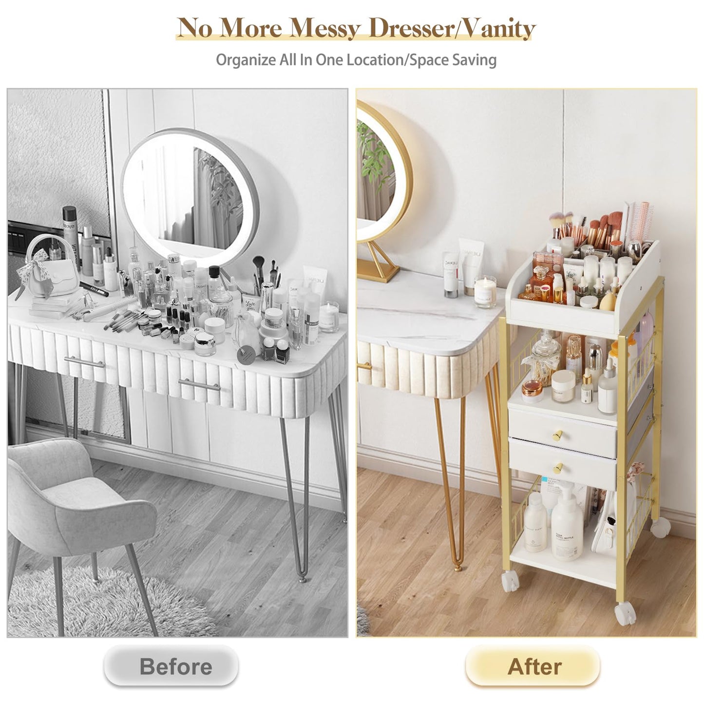 Makeup Organizer, Floor Skincare Organizers, Make Up Organizers and Storage with Drawers, Vanity Organizer Cosmetics Display Case Holder for Skin Care Nail Polish Perfume Makeup brush Hair Tool (Gold)