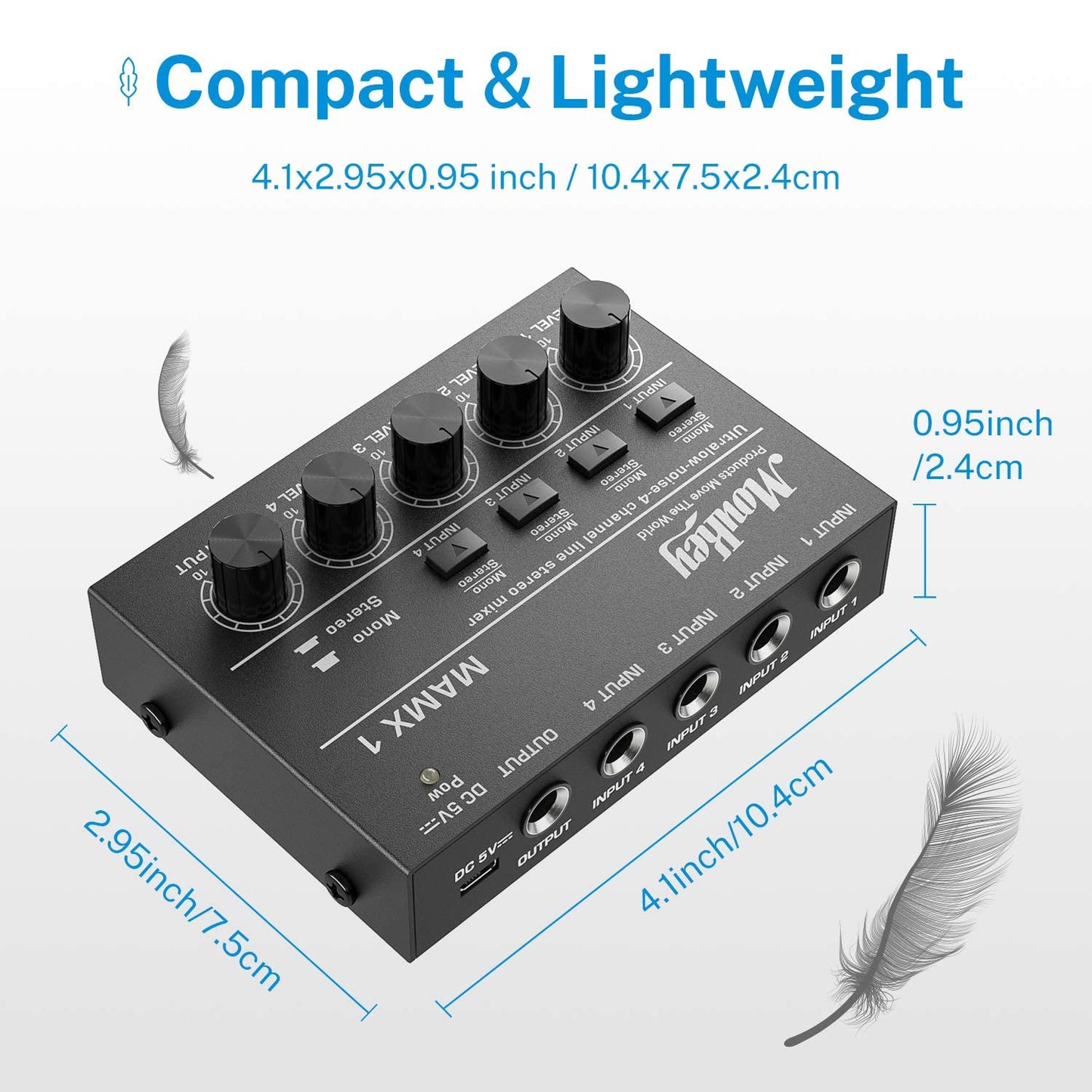 Moukey Stereo Mini Audio Mixer, Ultra Low-Noise 4-Channel Line Mixer for Sub-Mixing, DC 5V Audio Mixer with USB Cable, Ideal for Small Clubs or Bars, As Microphones, Guitars, Bass, Keyboards-MAMX1