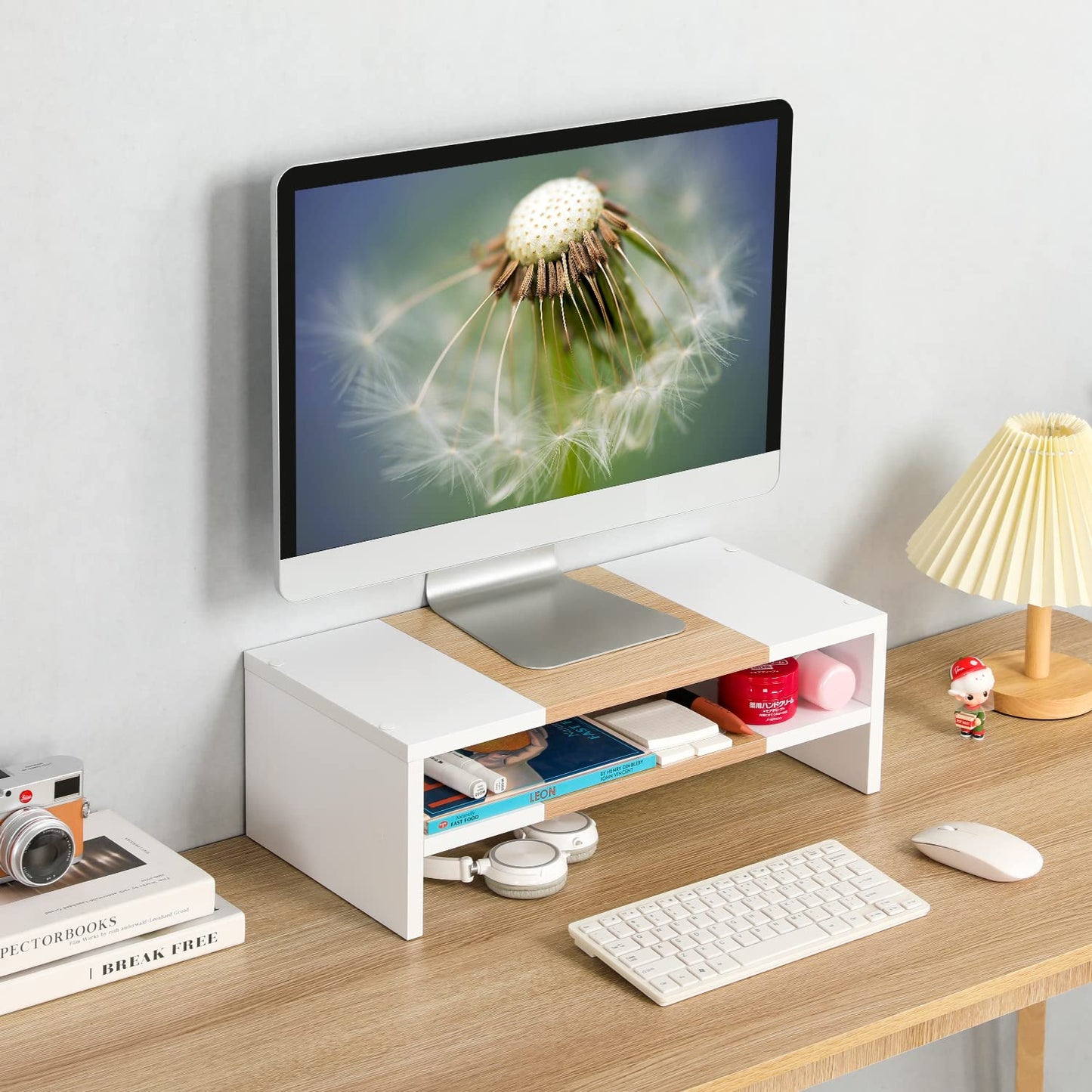TEAMIX 2 Tiers Desktop Monitor Stand Riser 51cm Printer Stand with Storage Small TV Riser Laptop Wooden Desk Organizer Shelf Bookshelf Maple (White+Maple, 2 Tiers)