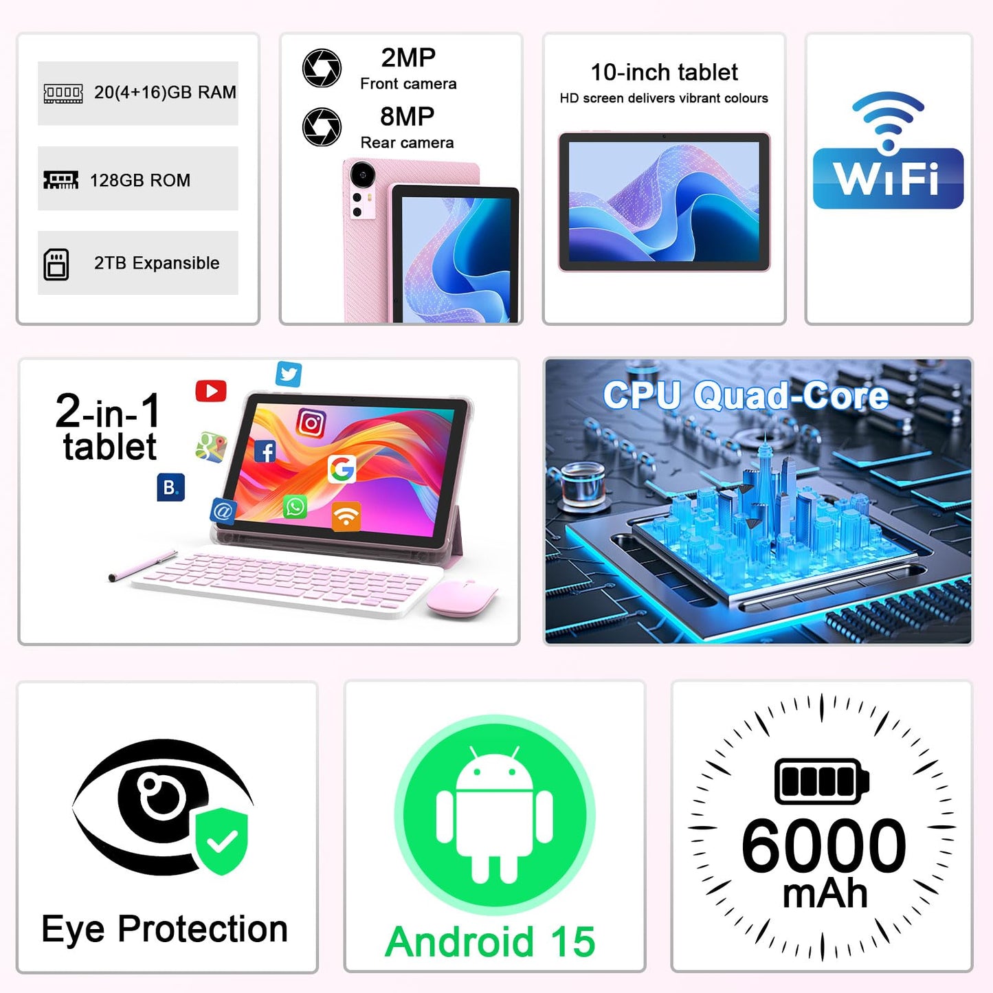 Android 15 Tablet, 10 Inch Tablet, 18GB RAM+128GB ROM/2TB Expandable Tablet PC, 2 in 1 Tablets with Keyboard, Mouse, Case, Stylus, Quad-core 2.0GHz CPU HD Screen, 5G WiFi 6 BT 5.0, 8MP Camera Tableta