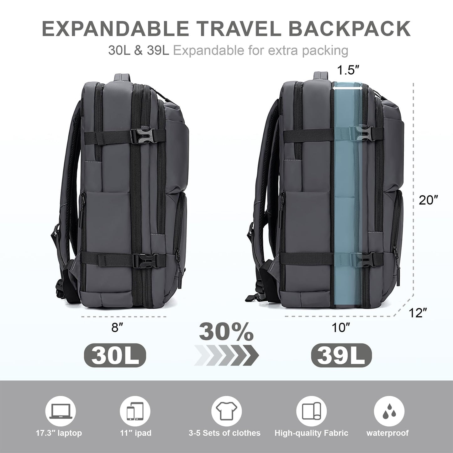 BAGOK Carry On Travel Backpack, 35L-40L Expandable Extra Large Airline Approved,Lightweight Daypack for Men and Women