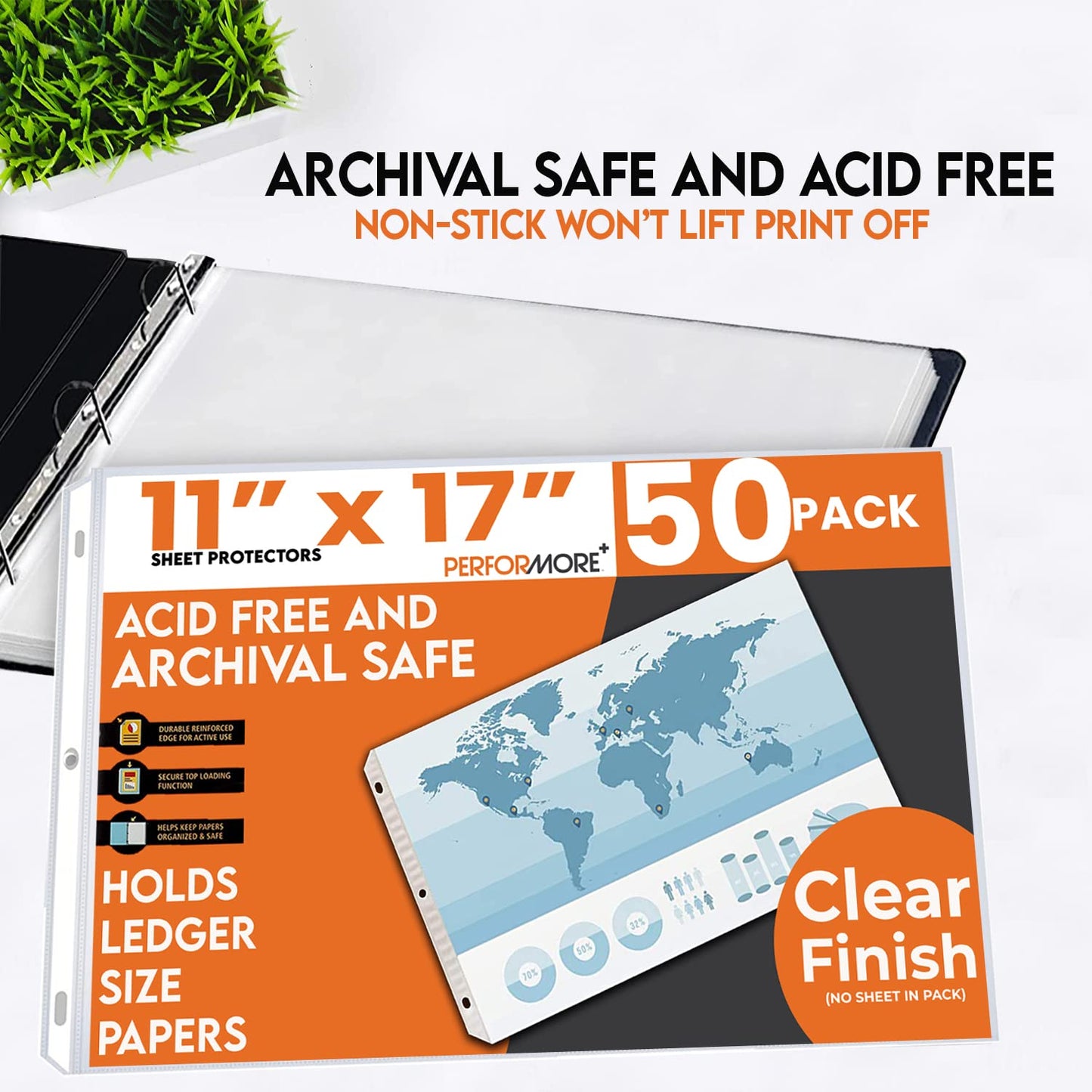 Performore 50 Pack of Sheet Protectors, 11" x 17" Landscape Clear Top Loading Sleeves Paper and Documents, Reinforced 3 Hole-Punched Acid-Free Archival Safe
