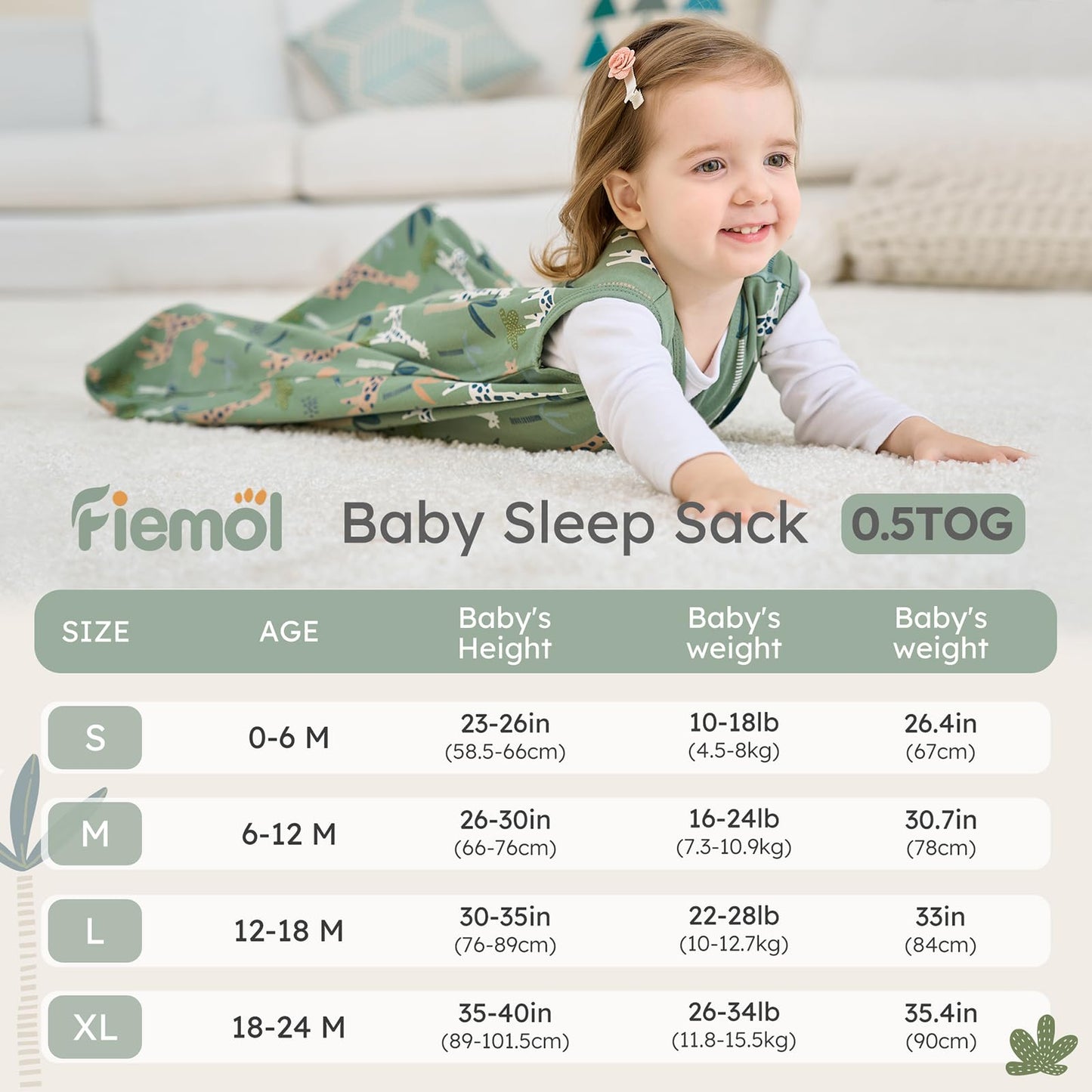 FIEMOL Baby Sleep Sack 6-12 months, 100% Cotton Sleeping Sack for Newborn and Infant, 3 Pack Baby Wearable Blanket, 0.5 Tog Lightweight Double Zipper Sleep Bag Green Brown Giraffe