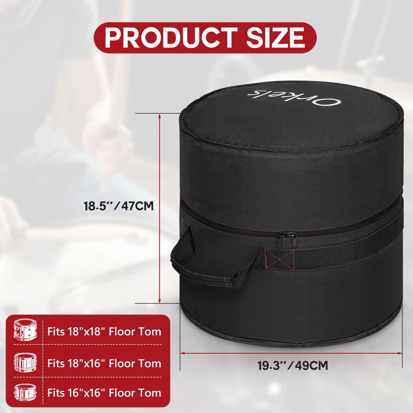ORKELS Floor Tom Drum Bag – 10mm Padded Travel Case for Floor Tom or Bass Tom, Percussion Drum Gig Bag with Carry Handle for Drummers & Touring Musicians, For-16''x16''/16''x14''