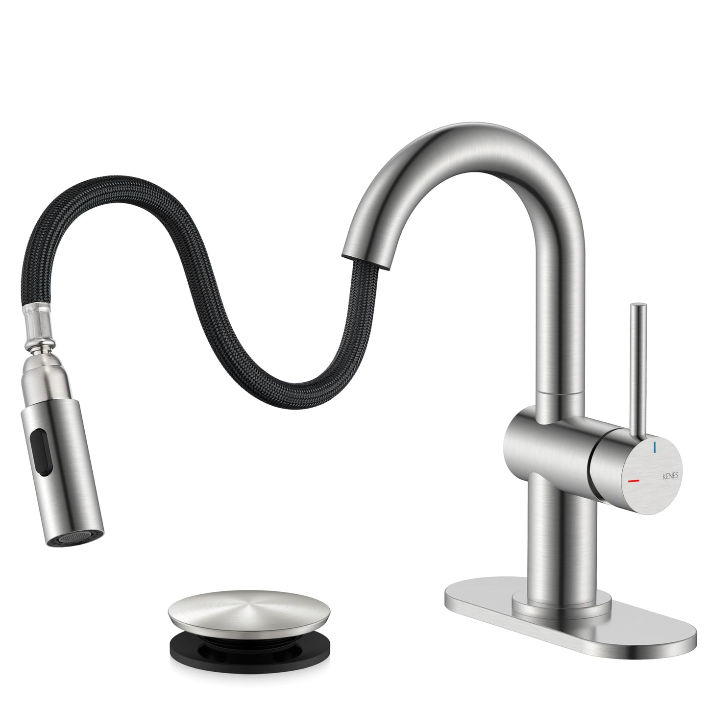 KENES Brushed Nickel Bathroom Faucet with Pull Down Sprayer, Single Handle Bathroom Sink Faucet with Pull Out Sprayer, Vanity Faucet with Pop Up Drain & Deck Plate, KE-9065B