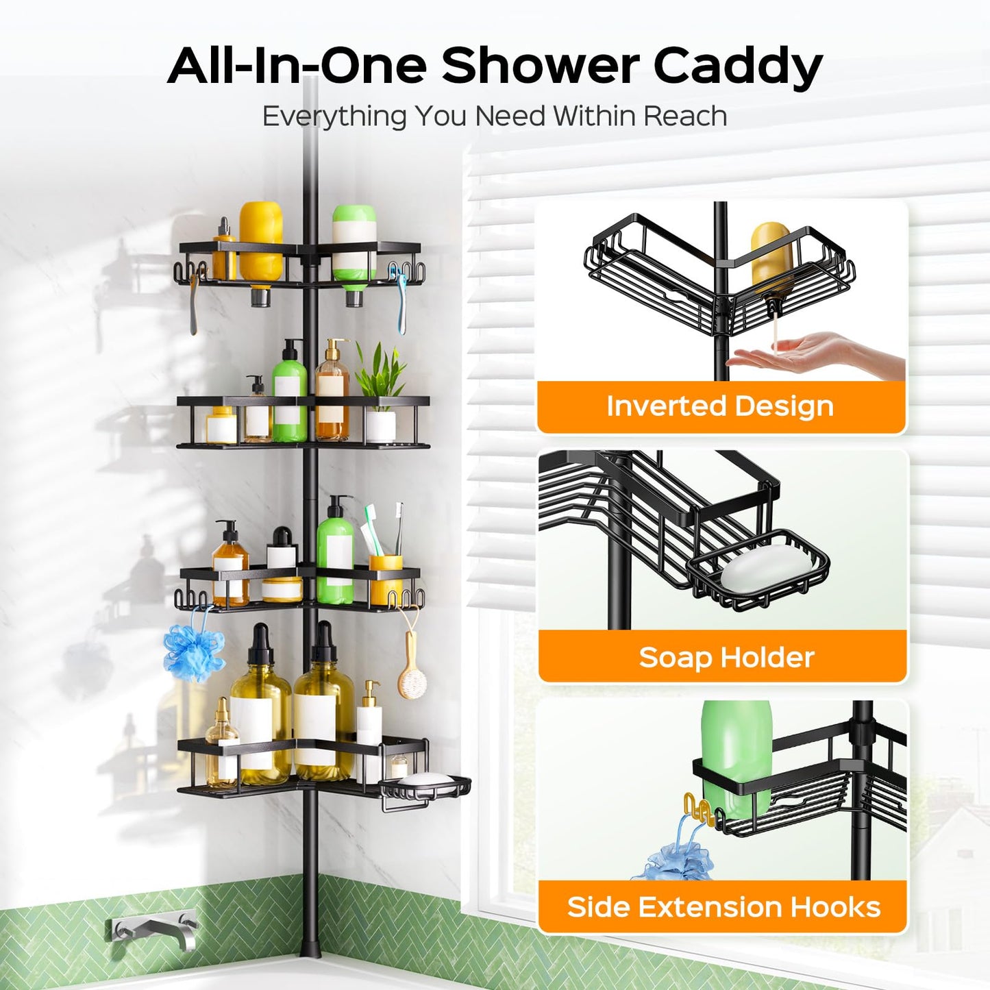 HAMITOR Corner Shower Caddy Tension Pole: Sturdy Stainless Steel Shower Organizer - 4-Tier Adjustable Large-Capacity Shower Shelf- No Drill Bathroom Organizers For Small Bathrooms - 47-121inch