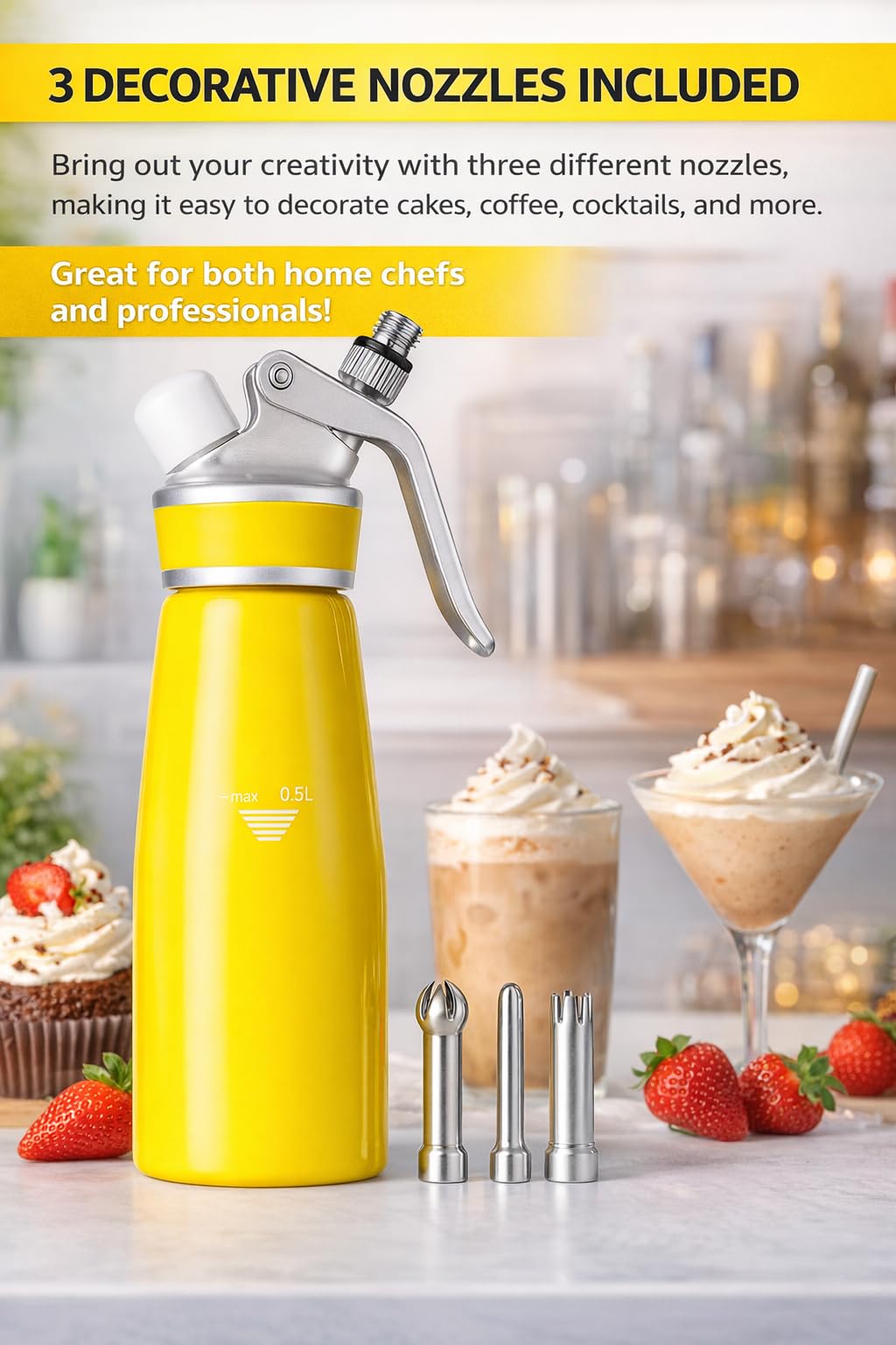 Whipped Cream Dispenser–Double Wall Insulated Aluminum Water Bottle with Stainless Steel 3 Nozzles, Extra-Large Capacity Whipping Cream Maker for Desserts, Coffee, Cocktails More