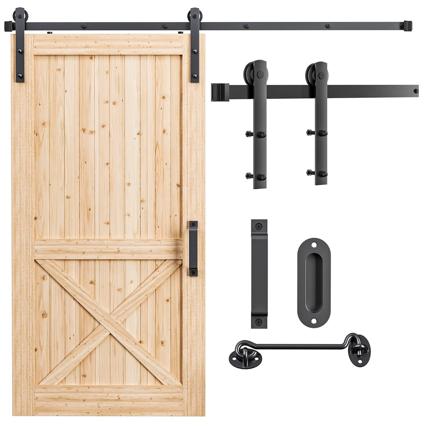 Signstek 6FT Sliding Barn Door Hardware Kit Heavy Duty with Door Hook and 2 Handles - Easy to Install -Smoothly and Quietly - Fit 1 3/8-1 3/4" Thickness -Black (I Shape Hanger)