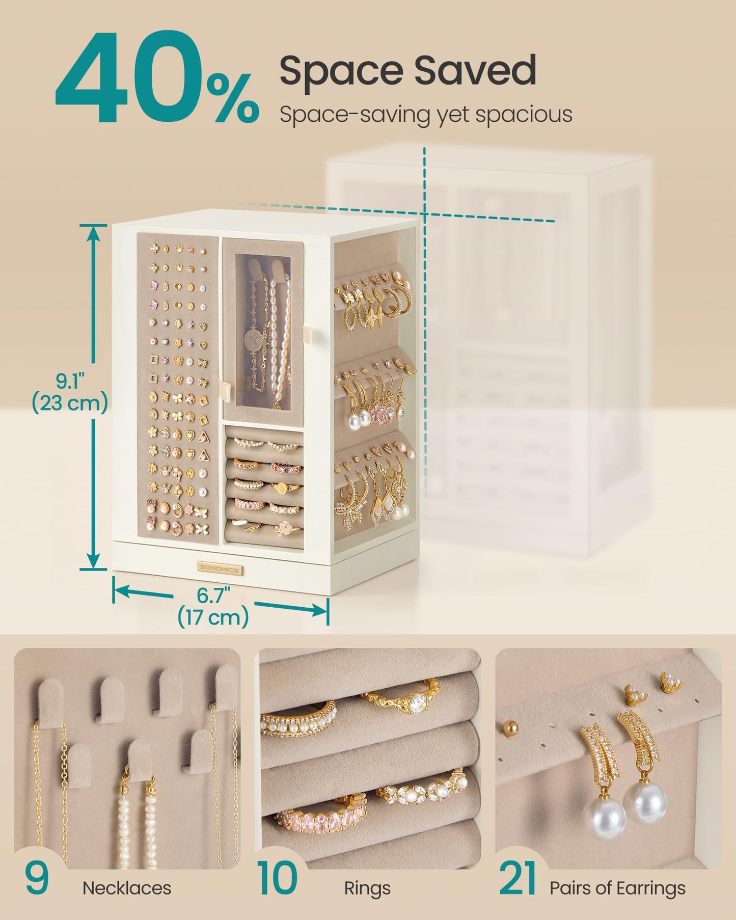 SONGMICS Jewelry Box 360° Rotating, Vertical Jewelry Storage Case with 4 Drawers, for Necklaces, Bracelets, Rings, Earrings, Gift Idea, Cream White UJBC211WD01