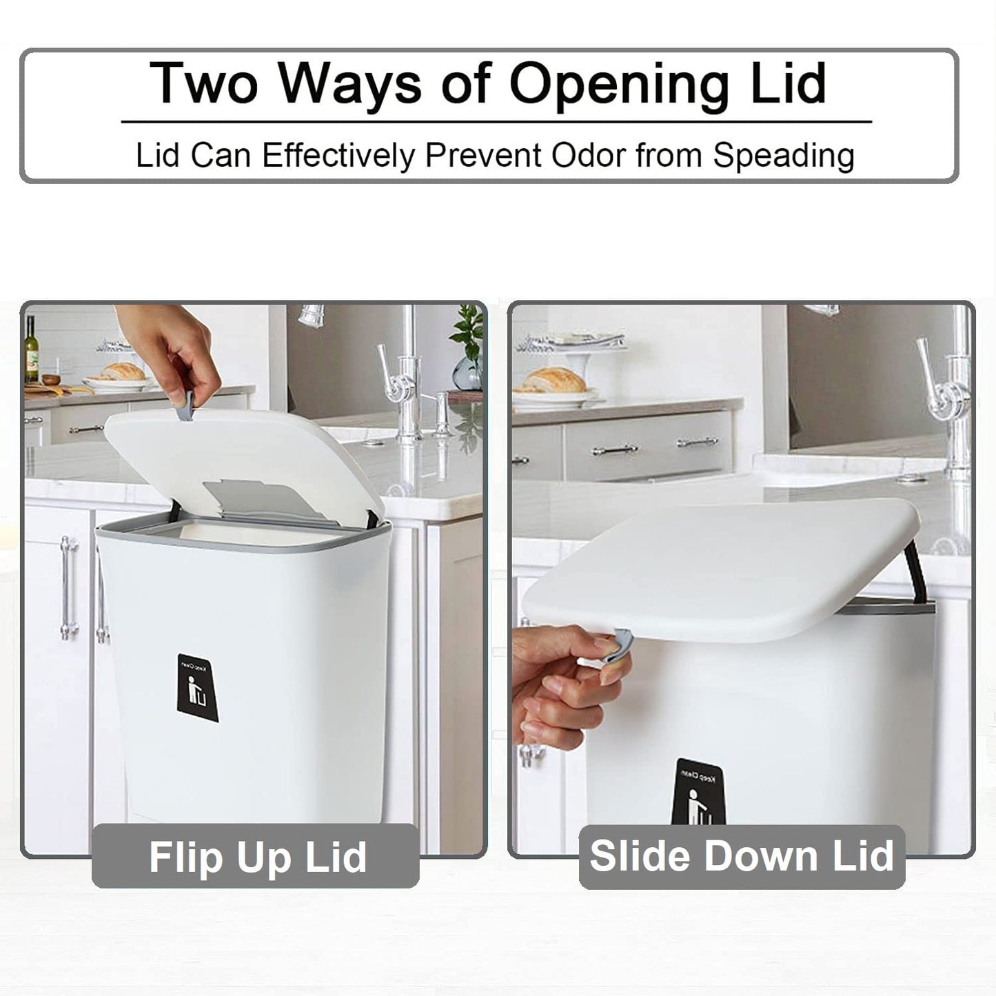 Hanging Trash Can with Lid for Under Sink or Cabinet Door, 2.4 Gallon Kitchen Compost Bin with Inner Bucket, Garbage Can for Cupboard/Bathroom/Bedroom/Office/Camping, Wall Mounted Indoor, White
