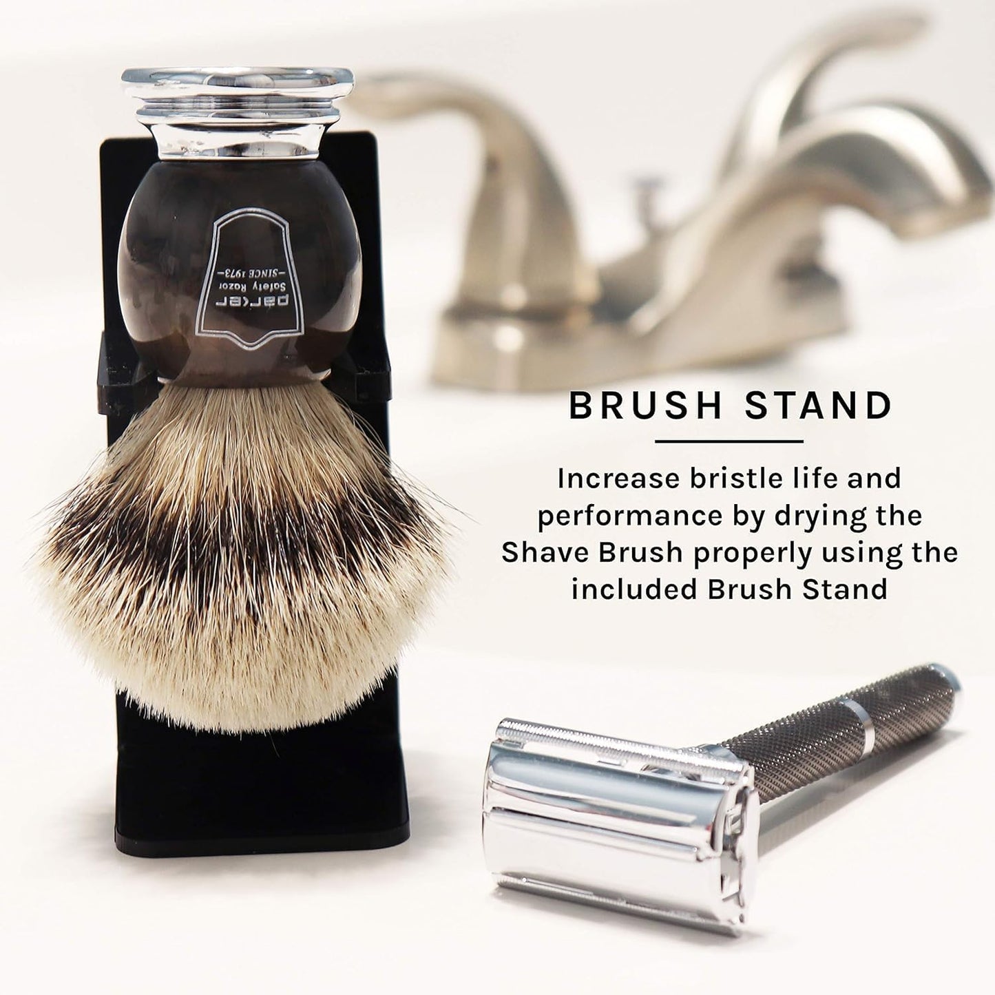 Parker Safety Razor 100% Silvertip Badger Bristle Faux Horn Handle Shaving Brush with Brush Stand by Parker Safety Razor