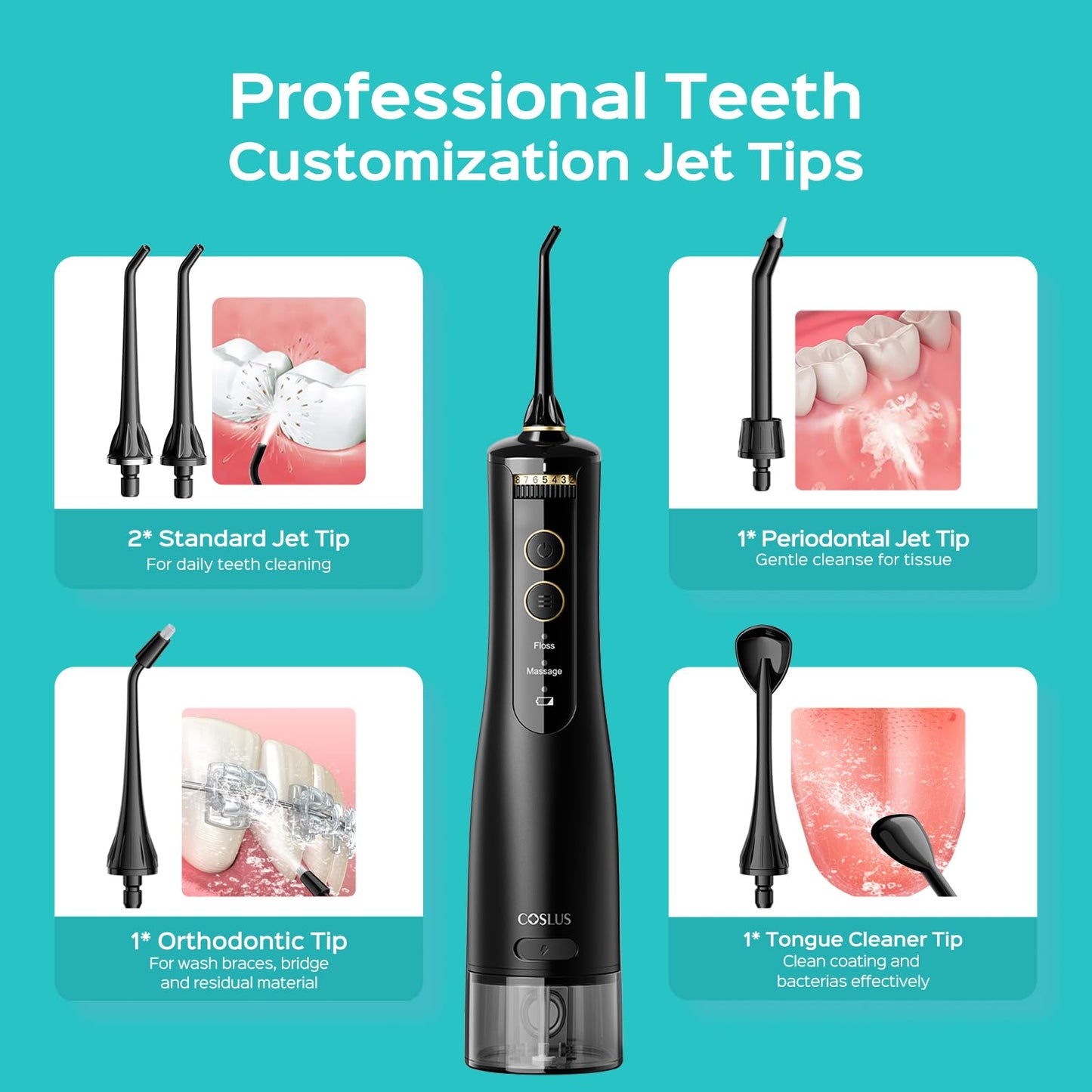 COSLUS Water Portable Flosser for Teeth: Electric Flosser for Braces, Sensitive Teeth, Gums - Advanced 10 Pressure Settings for Multiple Users, Cordless for Travel, MDL, BPA-Free, Black, E40(WFP14)