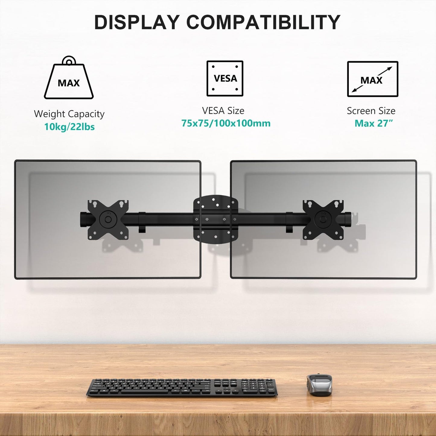WALI Dual Monitor Arm Wall Mount up to 27 inch, Single to Double Bracket Adapter, Horizontal Assembly Monitor Arm for 2 Screens, Holds Up to 22lbs per Arm (012ARM), Black