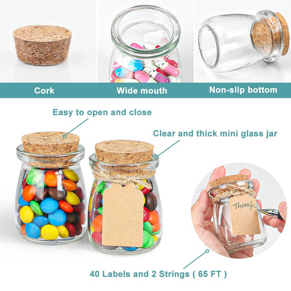Ritayedet 40 Pack Small Glass Jars for Favors, 3.4 oz Glass Jars with Cork Lids for Candle, Potion Bottles, Spice, Yogurt, Candy, Wedding, Baby Shower, Decoration, Party(Bonus Twine and Labels)