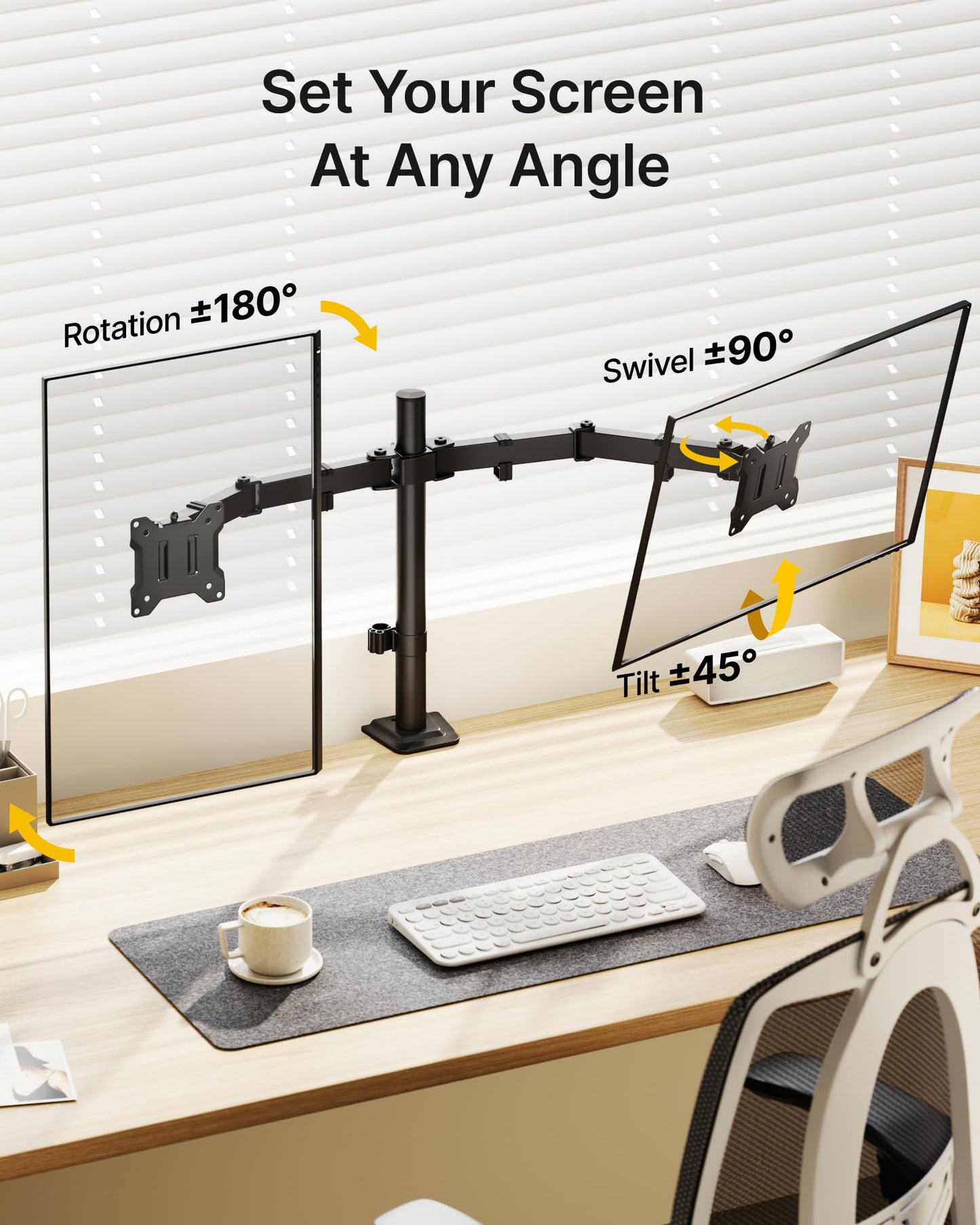 monTEK Stable Dual Monitor Stand for 17"–32” Computer Screens, Heavy-Duty Desk Mount with 22 lbs per Arm, Fully Adjustable Brackets and Arms, Clamp/Grommet Base, VESA 100×100mm Max