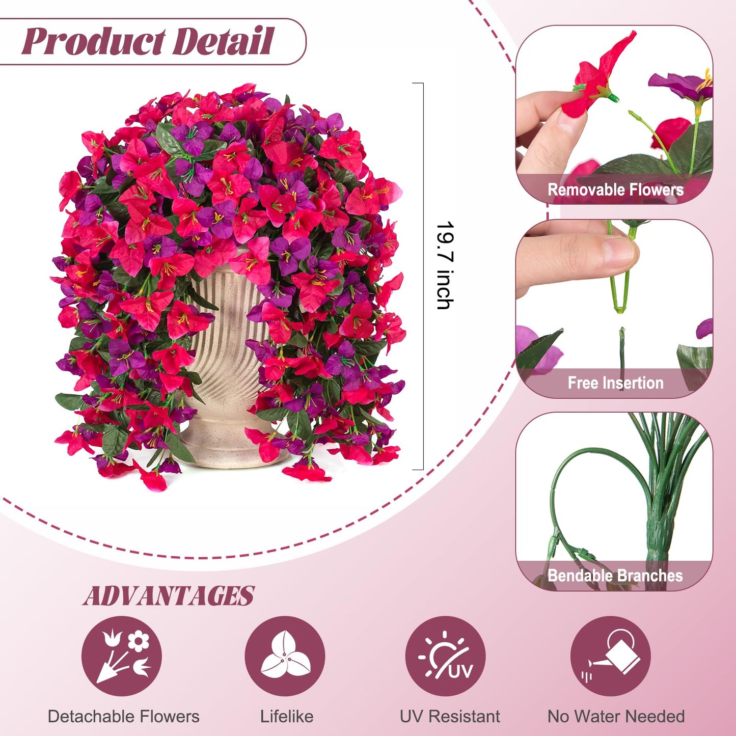INXUGAO 2 pcs Artificial Faux Bougainvillea Flowers Plants for Outdoor Outside Summer Decoration, Fake Silk UV Resistant Long Trailing Vines for Front Door Porch Planter Balcony (Rose Deep Lotus)