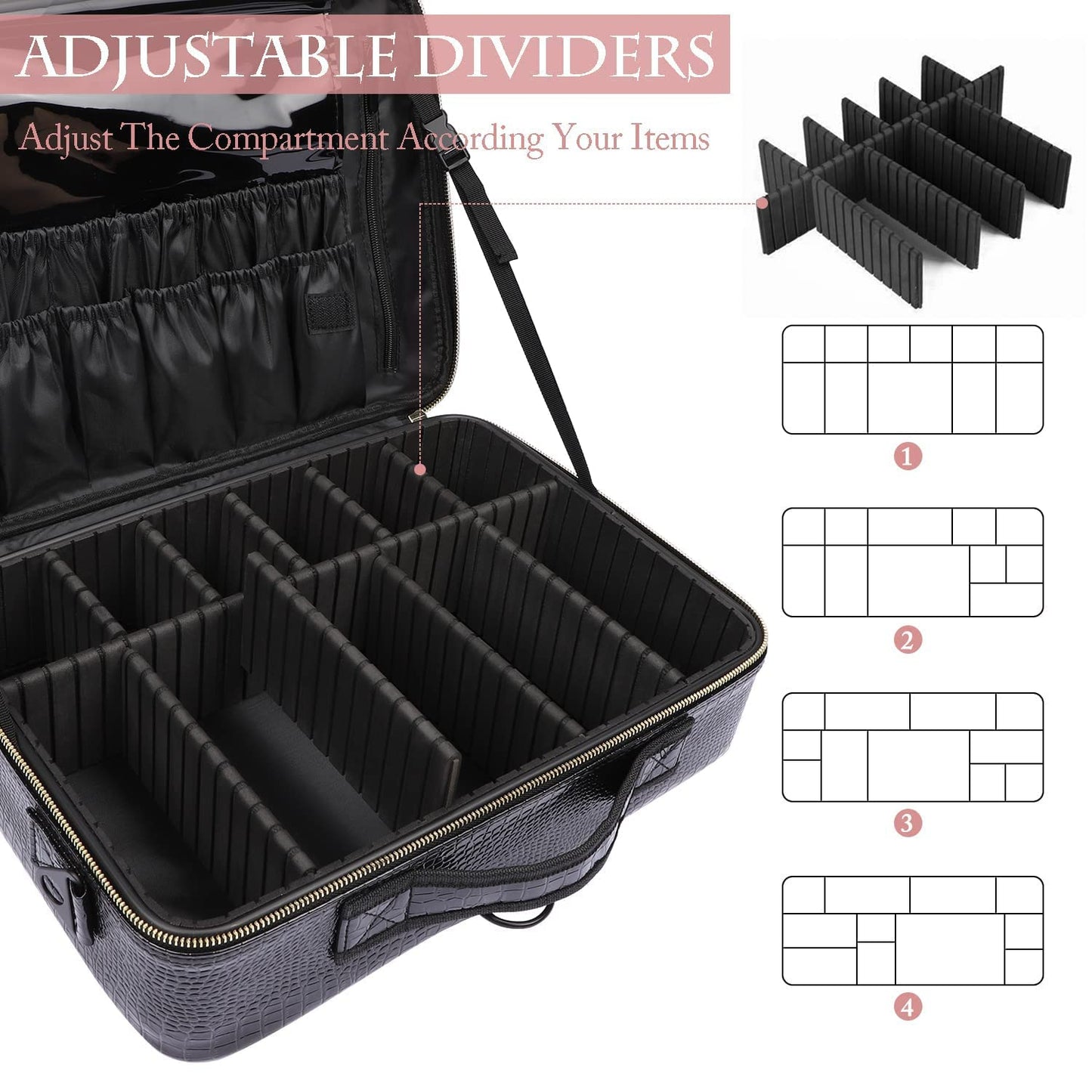 Oewoer Travel Makeup Case, 16 Inches Large PU Leather Professional Cosmetic Bag With Shoulder Strap and Adjustable Dividers (Crocodile Pattern)