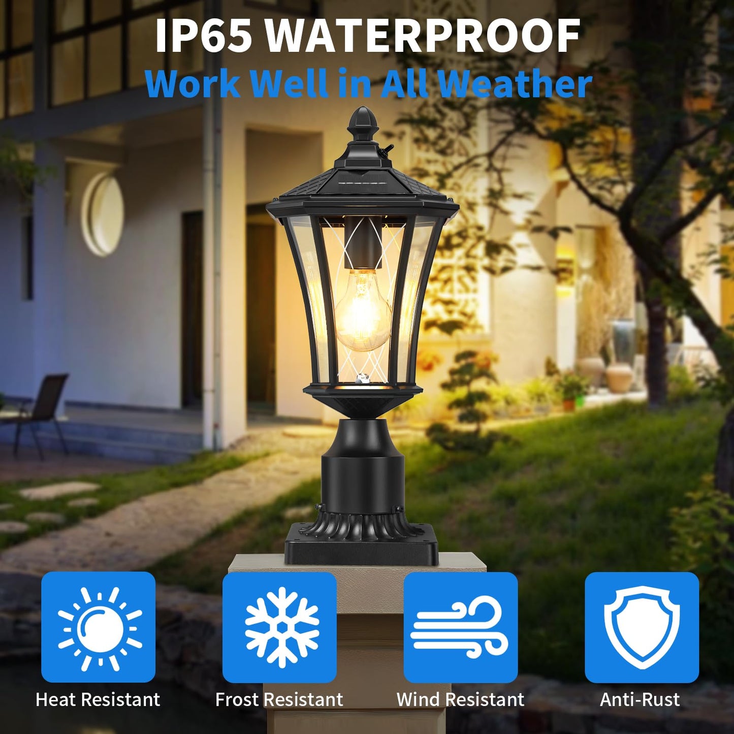 YSN 16" Solar Post Lights Outdoor, Dusk to Dawn Outdoor Post Lights with Pier Mount Base, Black Solar Lamp Posts Light Fixture, Waterproof Light Posts for Outside Yard Garden Patio, 1 Pack