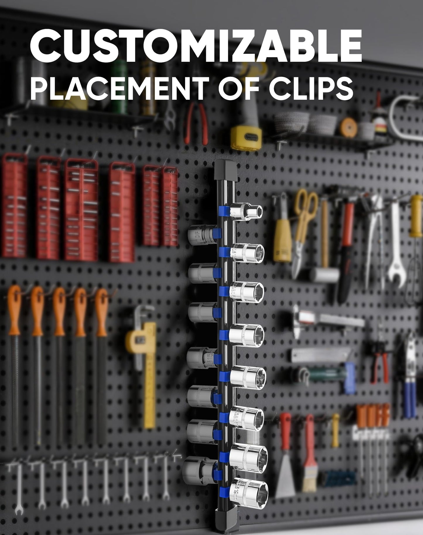 ALOANES 9 PC ABS Socket Organizer,1/2 inch, 3/8 inch, and 1/4 inch Drive Socket Rail Holders, Heavy Duty Socket Racks, Black Rails with Red&Blue&Black Clips x 129 Clips