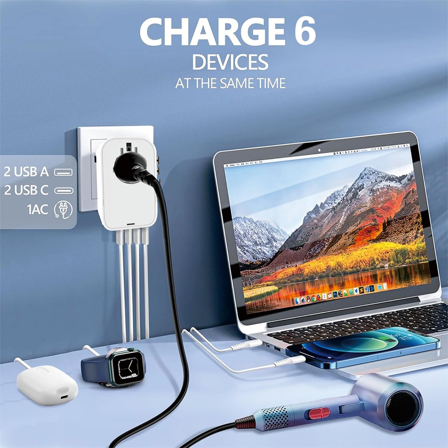 220V to 110V Converter Voltage Converter US to Europe Voltage Converter for Hair Dryer with 2 USB A and 2 USB C, European Travel Adapter Power Converter Adapter Combo from US to Italy UK AUS