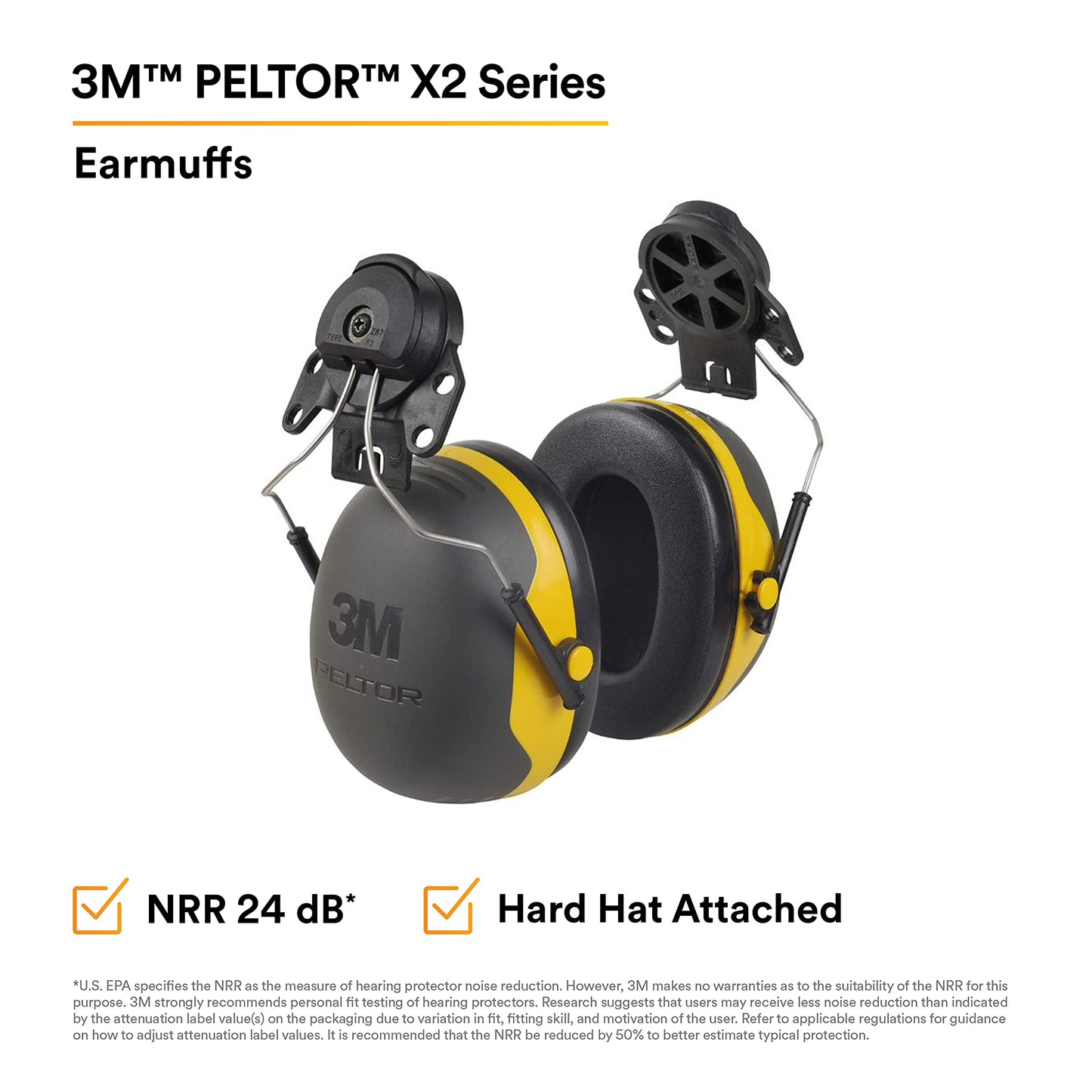 3M PELTOR Ear Muffs, Noise Protection, Hard Hat Attachment, NRR 24 dB, Construction, Manufacturing, Maintenance, Automotive, Woodworking, X2P3E