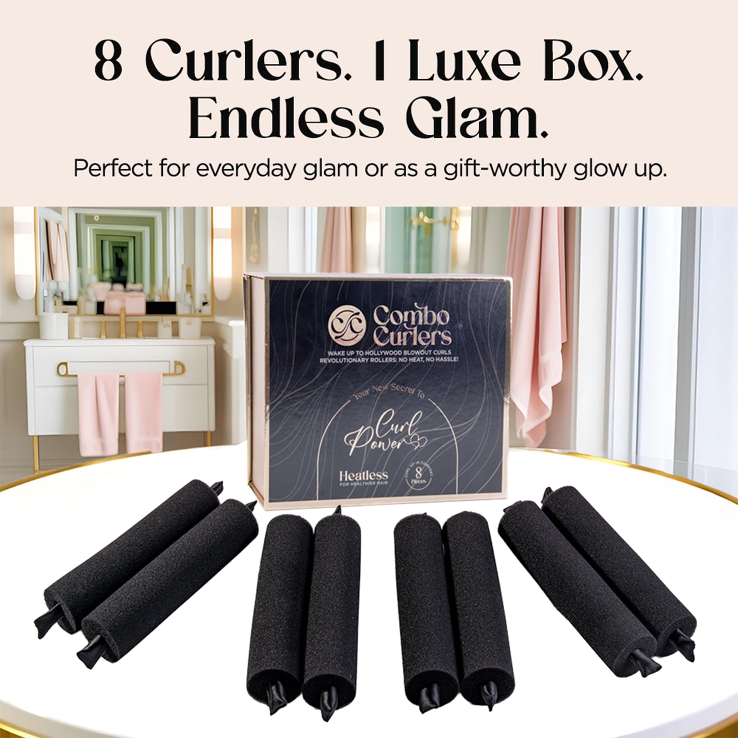 Heatless Hair Curlers – Overnight Foam Rollers for Sleeping, No Heat Curlers for Women, Satin-Wrapped Ends & Soft, 8pc Set for Hollywood Blowout Curls (Black)