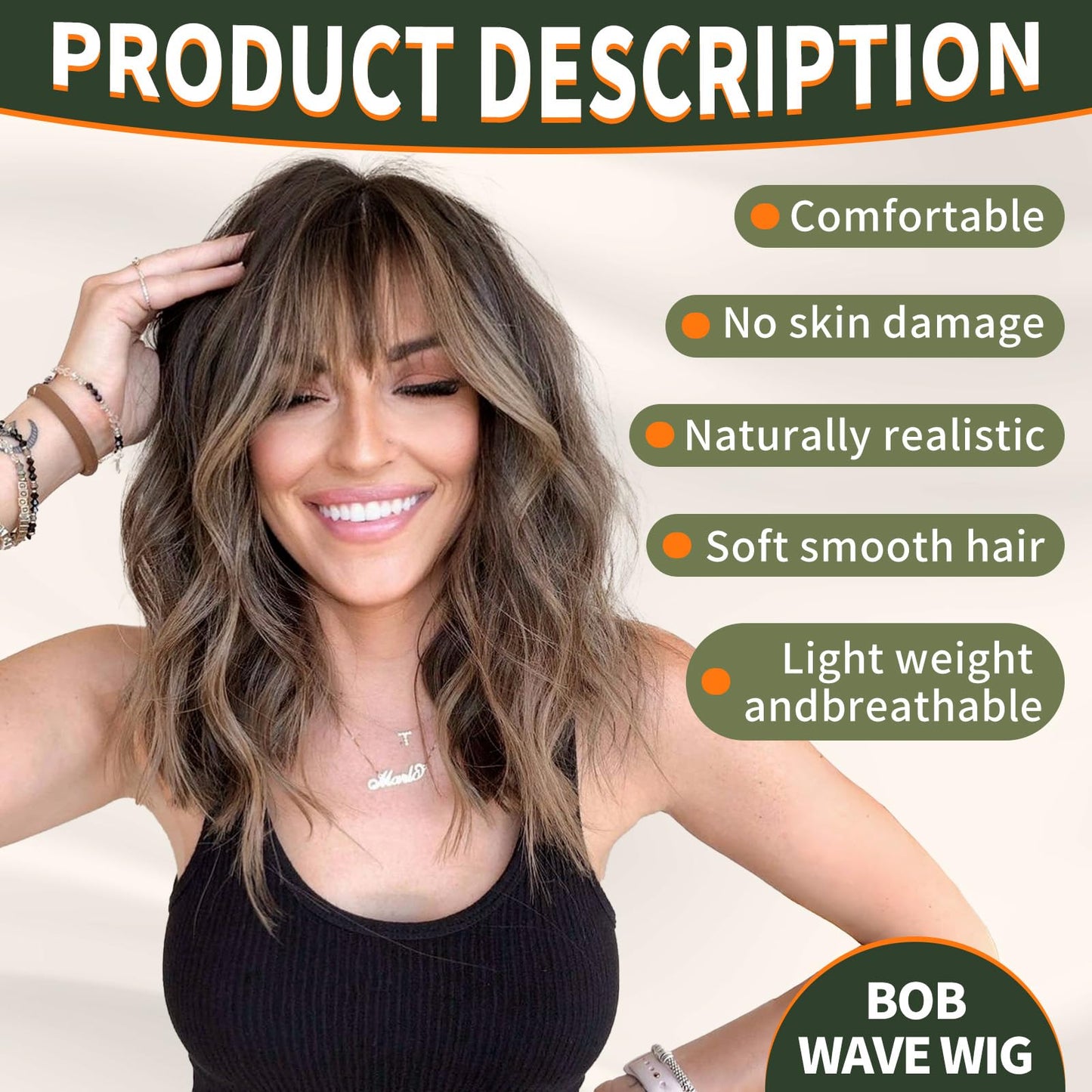 KOME Brown Wig with Bangs,Brown Highlight Wavy Wigs for Women,Shoulder Length Curly Synthetic Hair Wig for Party Daily Use 18IN…