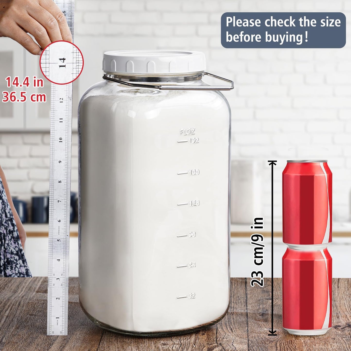 2 Gallon Large Glass Jar with Lid, Wide Mouth Storage Jars with Stainless Handle, Extra Big Glass Container with 2 Scale Mark for Storing Food, Kitchen Organization, 7400 ML/250 OZ