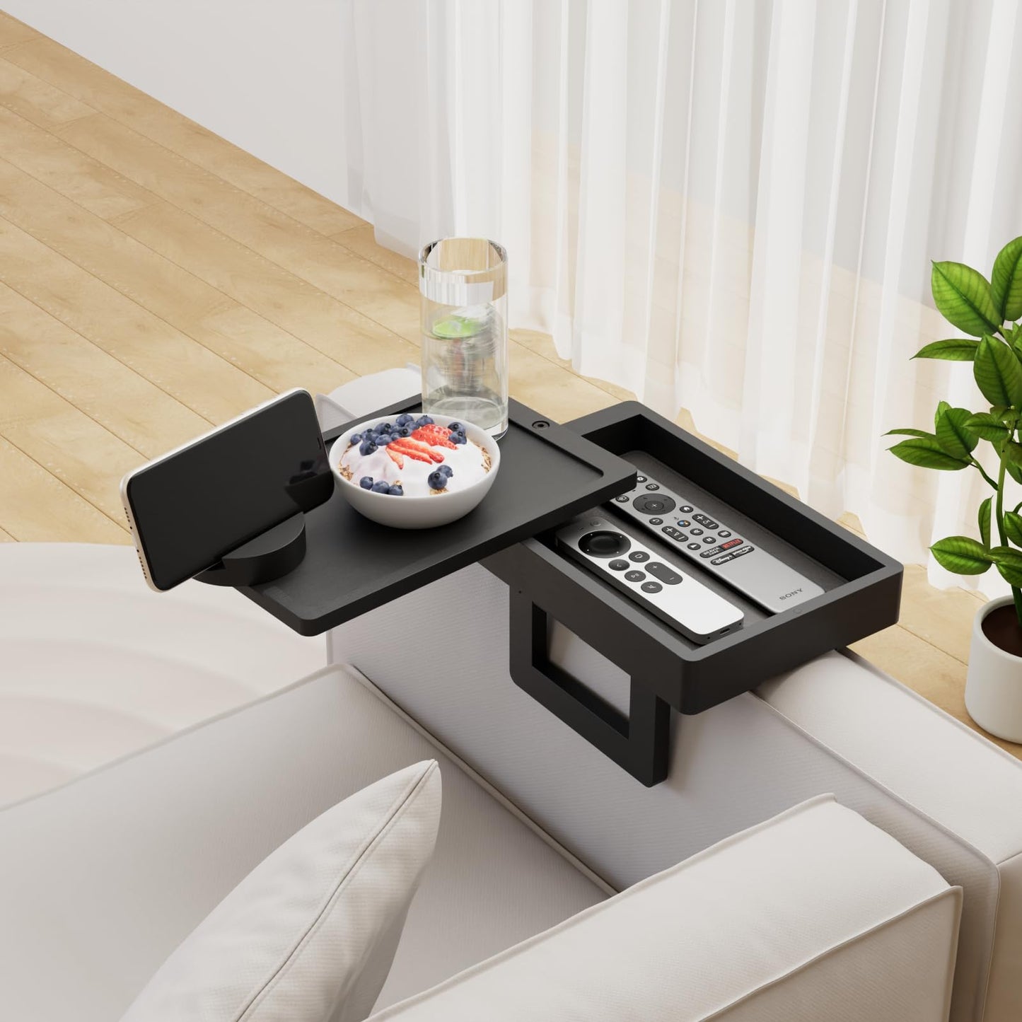 Wealone Mini Black Couch Arm Table for Narrow Armrest, Sofa Arm Tray with Storage Box, Rotating Tabletop and Phone Stand, Adjustable Sofa Arm Table Clip for Snacks or Dining, Armrest ≤7" Wide