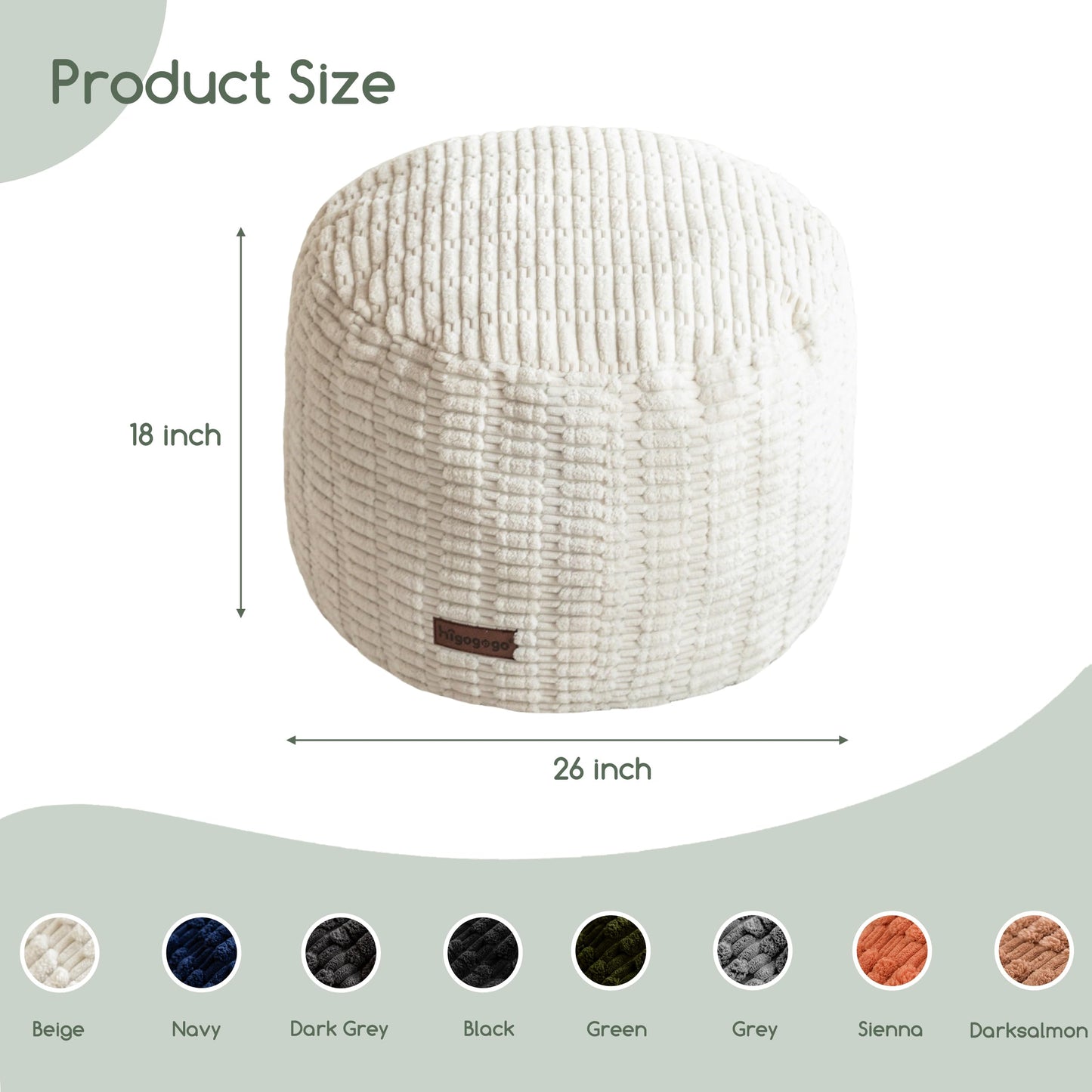 HIGOGOGO Pouf Ottoman Stuffed Round Modern Foam Filled Foot Rest Poufs for Living Room，26 X 18 Inches Footstool for Wedding Christmas Party, Beige