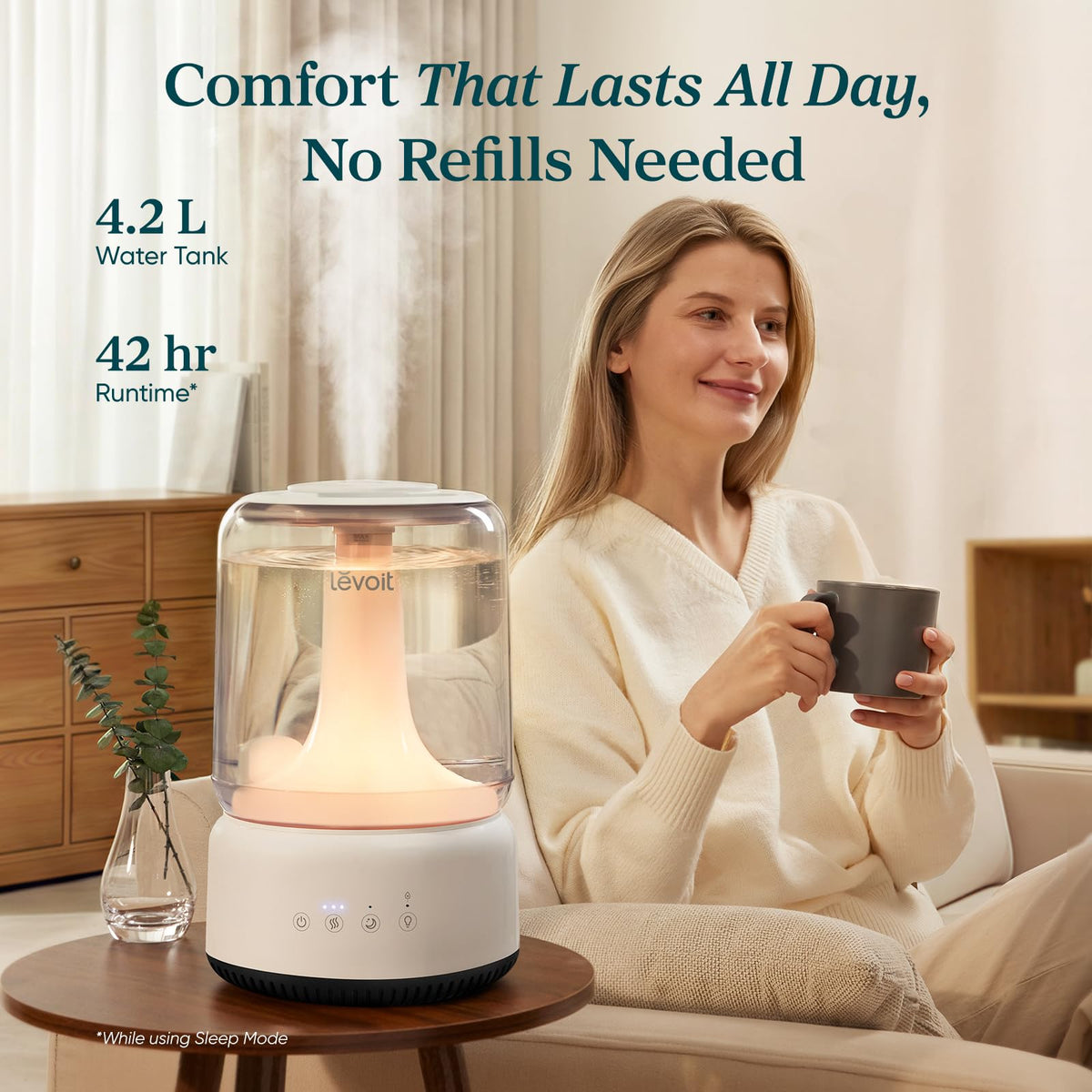 Levoit Humidifiers for Bedroom, 4.2L Top Fill Cool Mist Humidifier for Large Room, 42H Runtime, Dishwasher Safe Design Easy to Clean, 21dB Quiet for Baby, Plants, Night Light, Essential Oil Diffuser