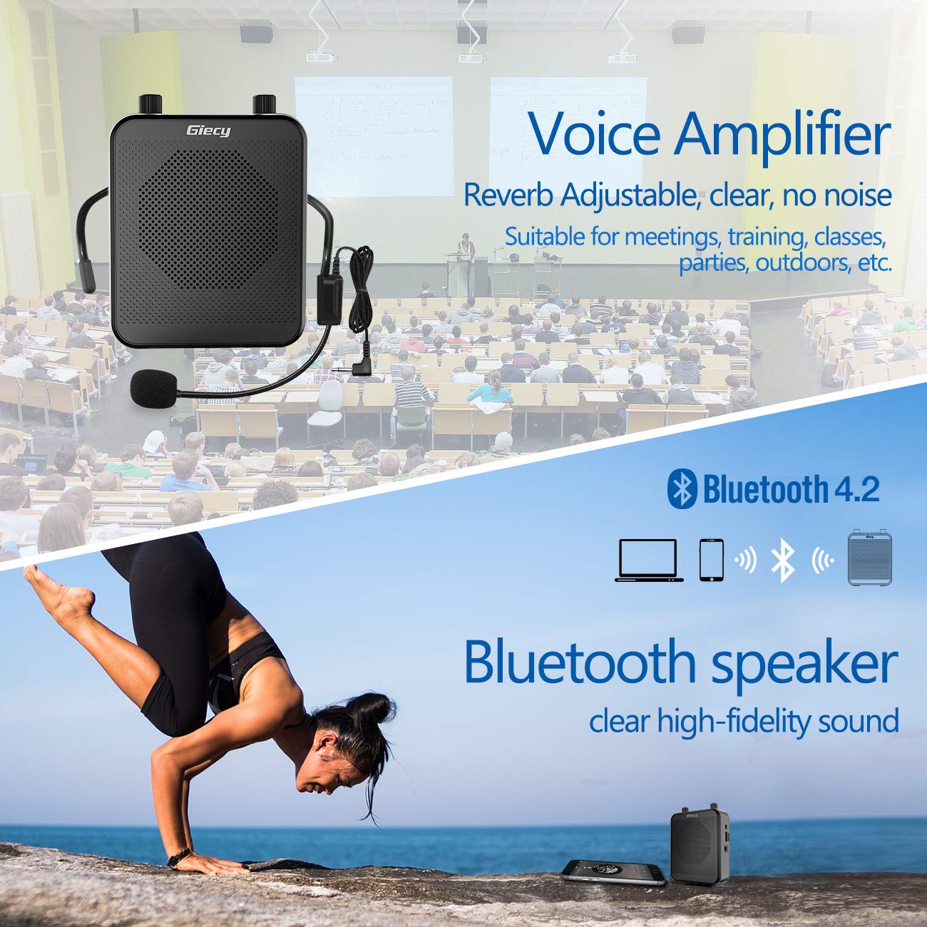 Portable Voice Amplifier, Giecy Bluetooth 30W 2800mAh Rechargeable PA System Speaker for Multiple Locations, Classroom, Meetings and Outdoors