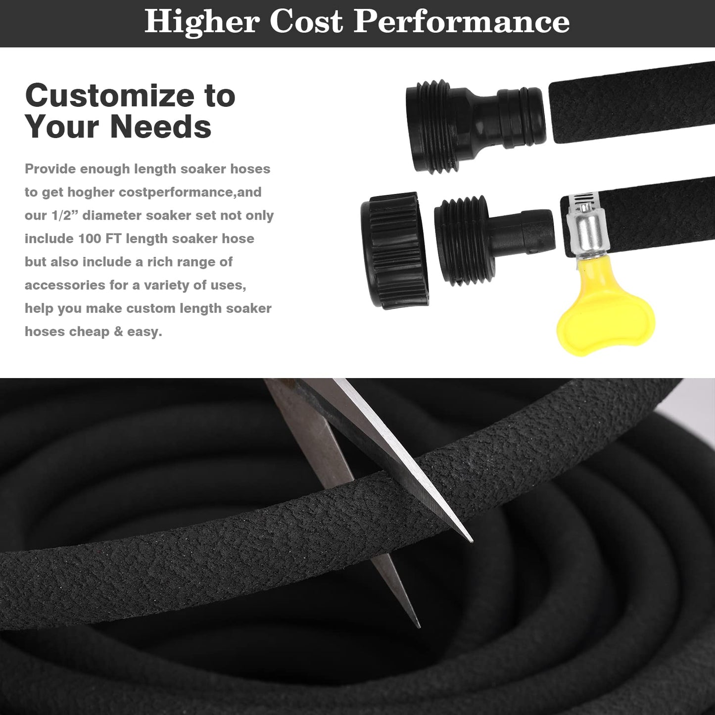 MHMHM Soaker Hose 100FT 1/2 Inch Rubber Garden Drip Irrigation Hose with Solid Brass Connector Water Saving Linkable Soaker Hose for Garden Bed Flower Vegetable Lawn (100FT)