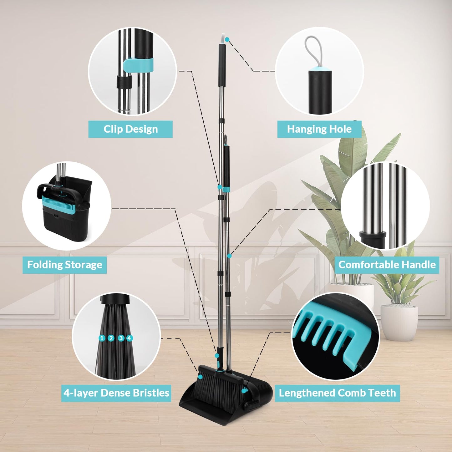 Broom and Dust Pan 61” Long Handle Broom and Dustpan Set with 180° Rotatable Broom Head for Home Office Kitchen Lobby Cleaning Upright Standing Broom and Dustpan
