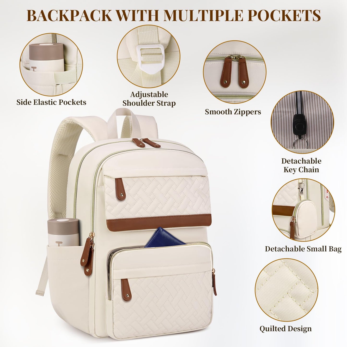 Laptop Backpack for Women 15.6 Inch Travel College Bookbag for Women Large Quilted Business Work Backpack for Women with Detachable Bag Stylish Lightweight Teacher Nurse Computer Bag for Office Casual