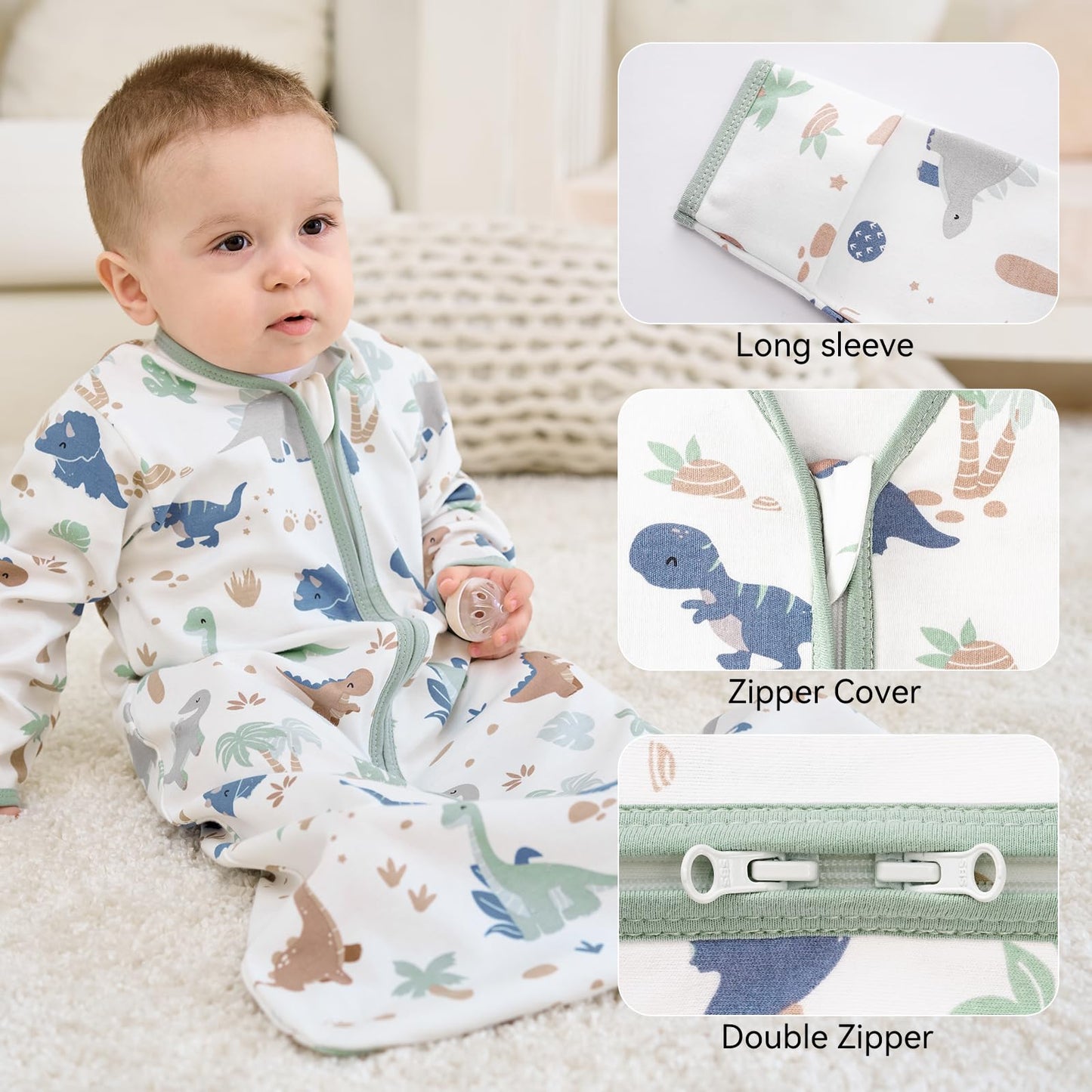 FIEMOL Baby Sleep Sack 0-6 Months, Long Sleeve Baby Sleeping Bag 0.5 Tog with Mittens, Newborn Cotton Wearable Blanket Gigoteuse Green Dinosaur 2 Pack(Small)