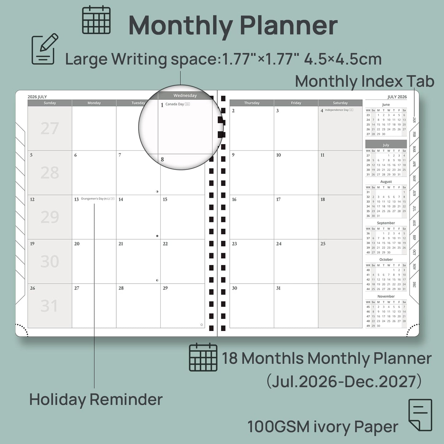 POPRUN 2026-2027 Monthly Planner, Large 8.5" x 10.5", 18 Month Calendar (July 2026 to December 2027) with Expense Tracker, Notes Pages, Sprial Bound, Leather Softcover - Lilac