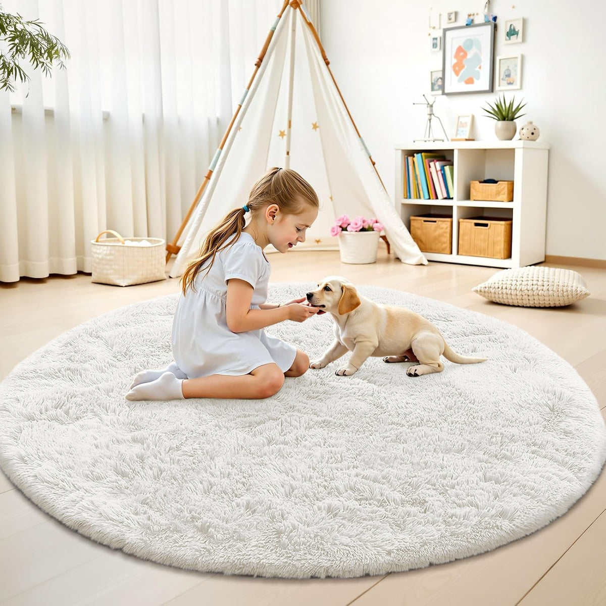 OLANLY Cream White Round Rugs for Bedroom, 7 Ft Machine Washable Circle Area Rugs for Living Room, Non-Slip Fluffy Carpet for Teen Girls and Boys, Dorms, Nursery Rooms, Home Decor Aesthetic