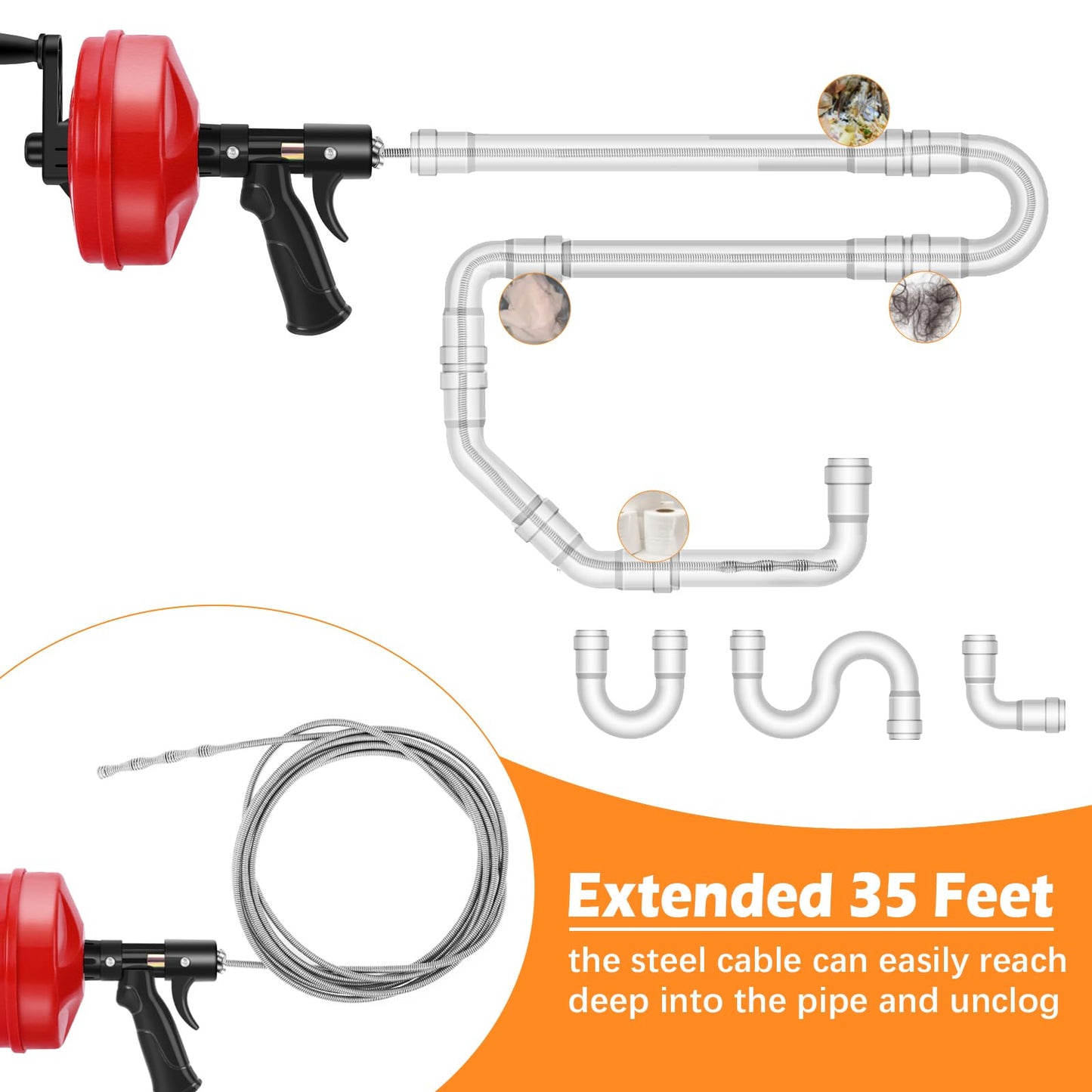 35 FT Plus Double Mode Drain Snake Tools, 13-in-1 Drain Auger for Sink and Drain Unblocking, Plumbing Snake for Kitchen, Bathrom and Shower Sink, Snake for Real DYIs[Upgraded 4.0]